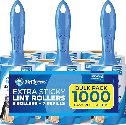 PetLovers Extra Sticky Lint Roller Bulk Value Set 1,000 Sheets 3 Rollers 7 Refills for Pet Hair Removal, Dog and Cat Lint Remover