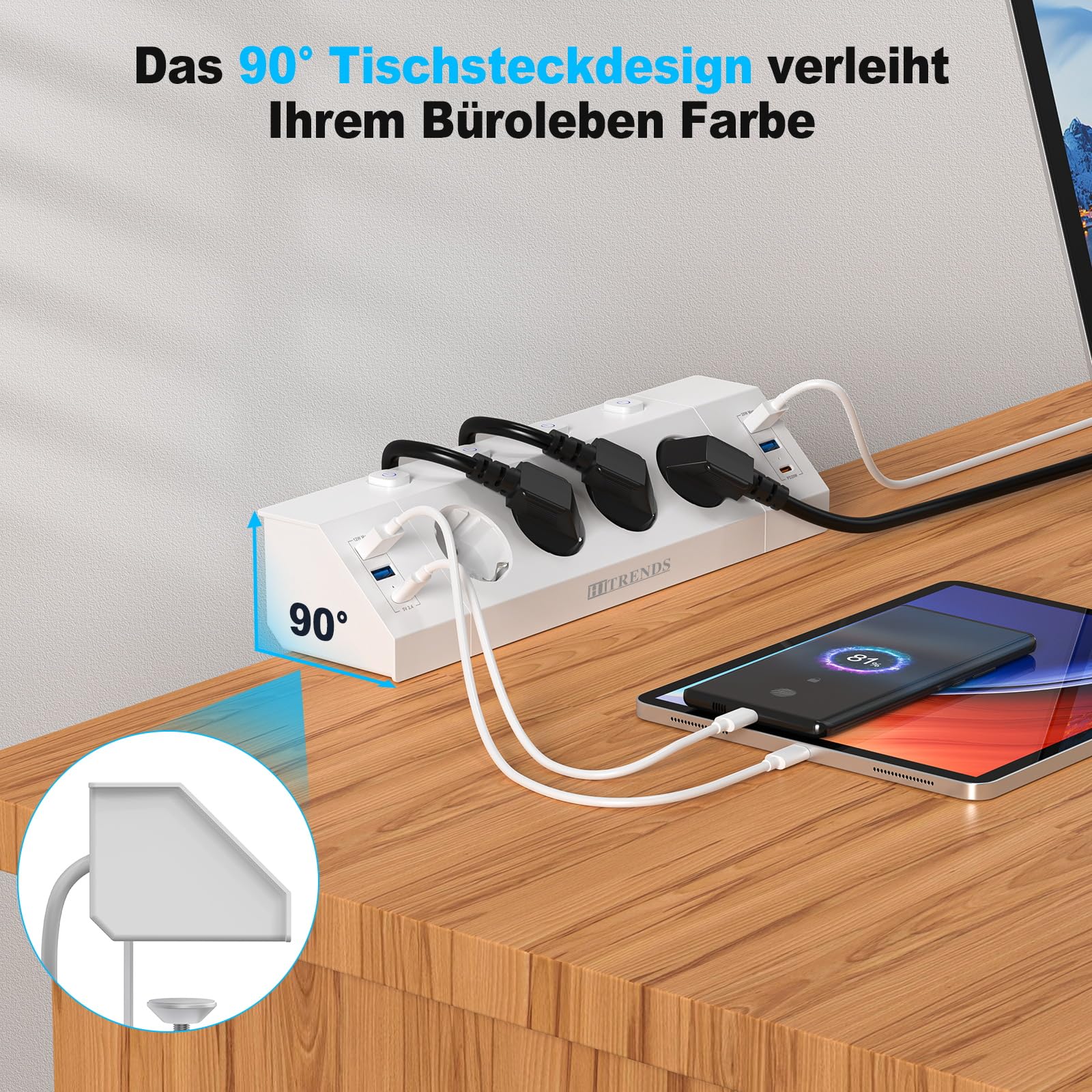 Regleta de mesa de 4 enchufes con USB C (PD 20 W), regleta de esquina para escritorio, conmutable individualmente, enchufe de escritorio, enchufe de mesa, con cable de 3 m, color blanco