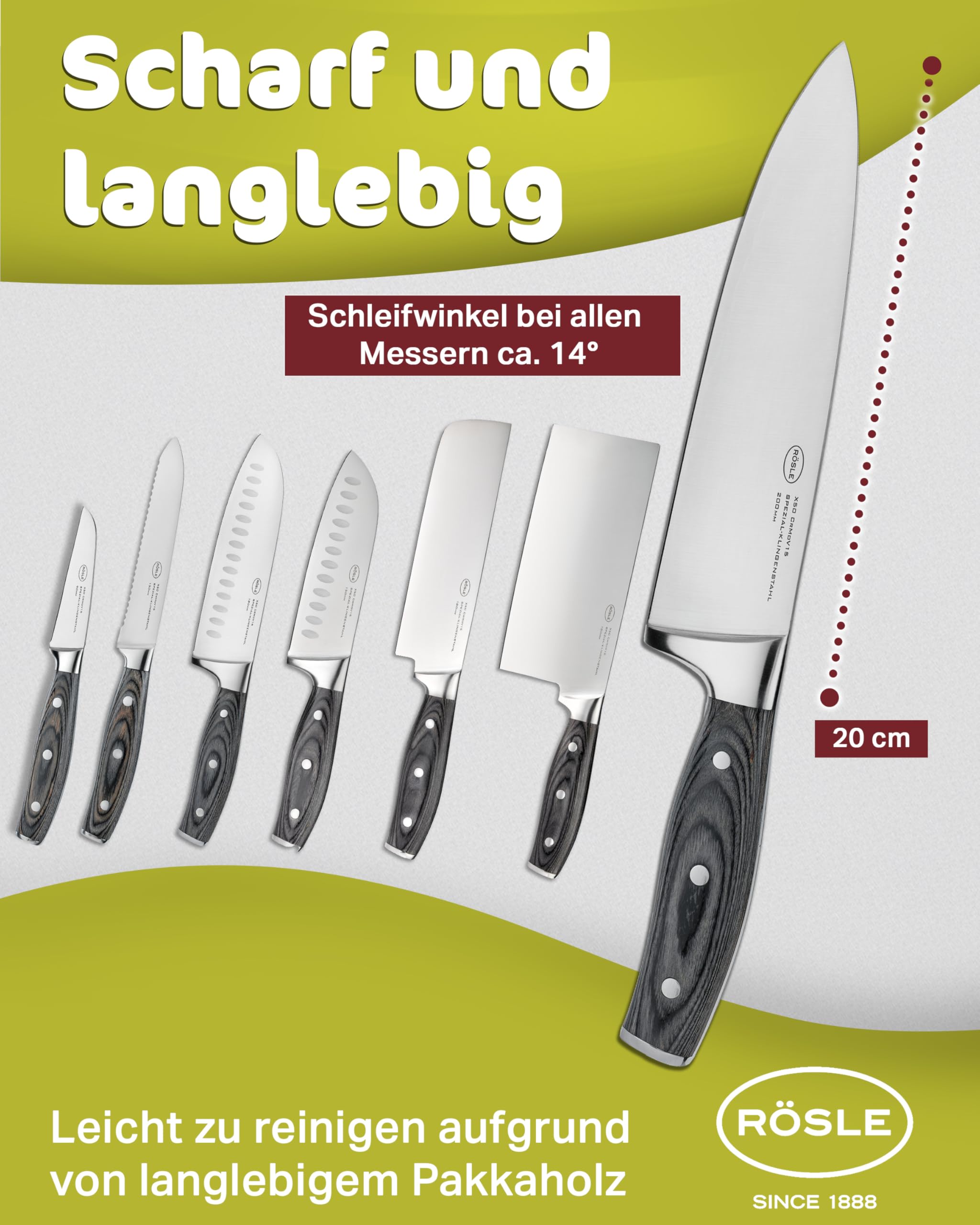 RÖSLE nóż kuchenny WOLFGREY 20 cm – Wysokiej jakości i ostry nóż kuchenny, uniwersalny do mięsa, ryb, drobiu i warzyw – nóż kuchenny z ergonomicznym uchwytem z wysokiej jakości drewna pakka