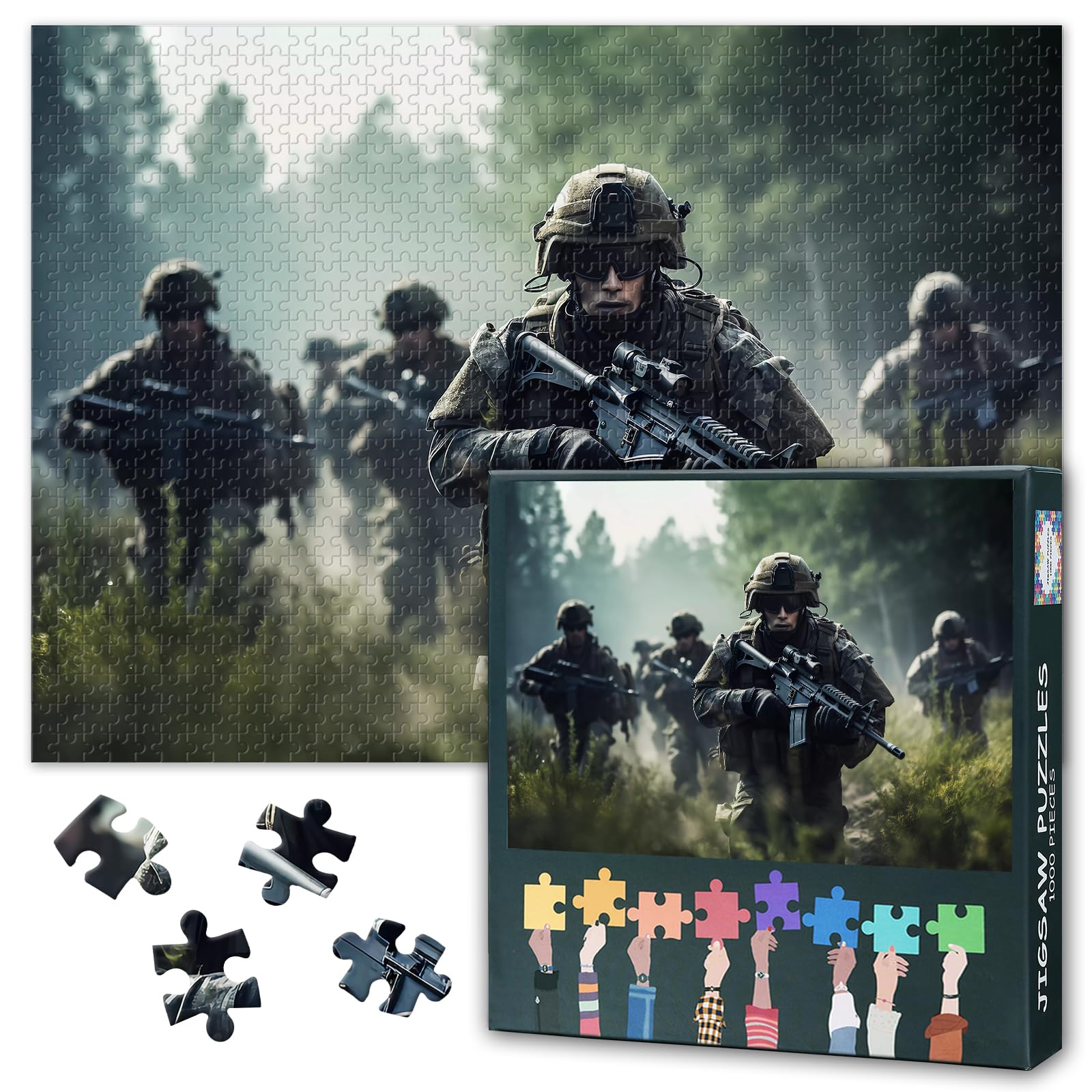 Black White Military Art Jigsaw Puzzle 1000 Pieces Soldiers Advancing on Battlefield Monochrome War Painting Puzzle for Adults Modern Canvas Style Wall Decor Puzzle 27.5 x 19.7 Inches