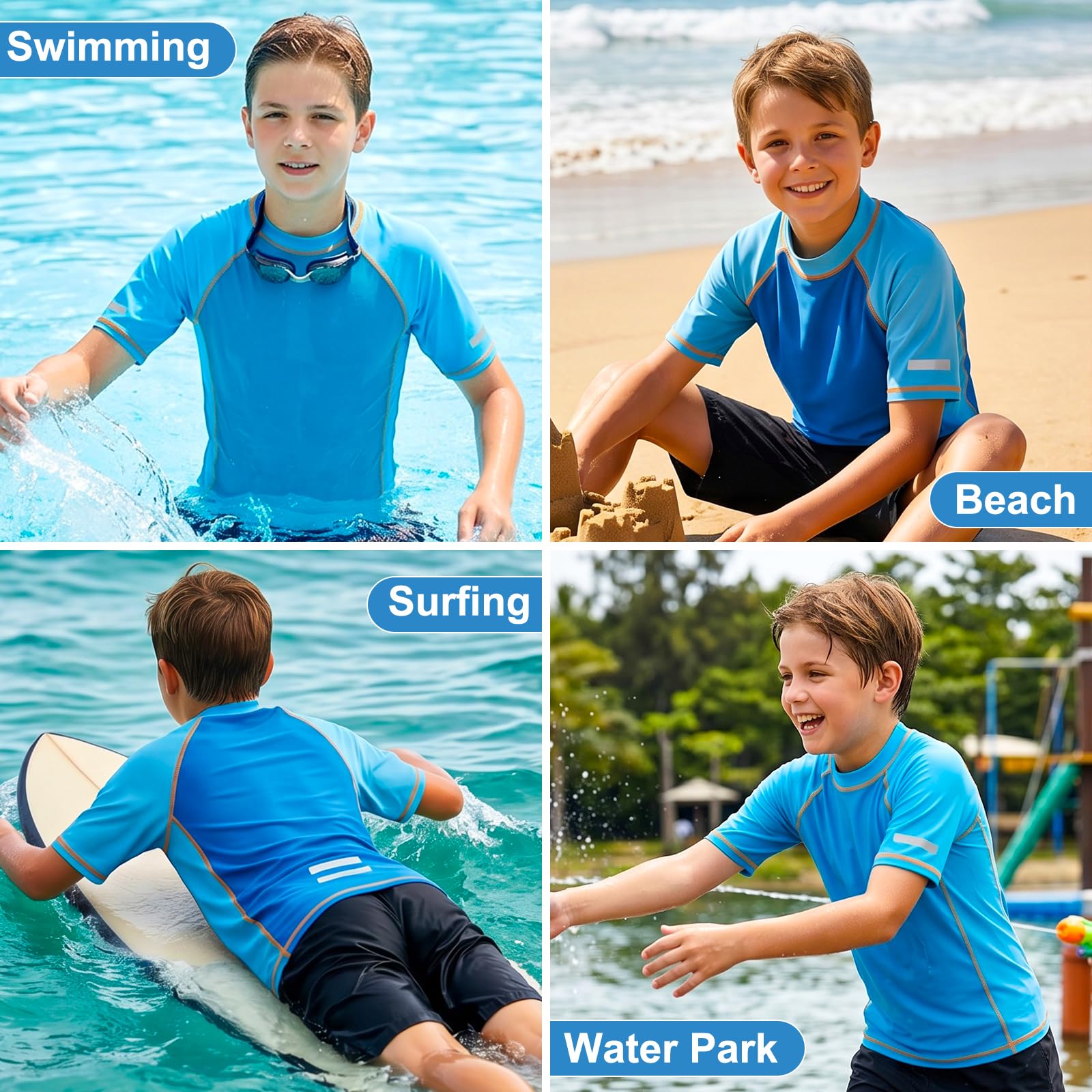 Rashguard koszulka z krótkim rękawem i paskami odblaskowymi, szybkoschnąca, na lato, do surfowania, na plażę, do pływania, dla dzieci w wieku 7-15 lat