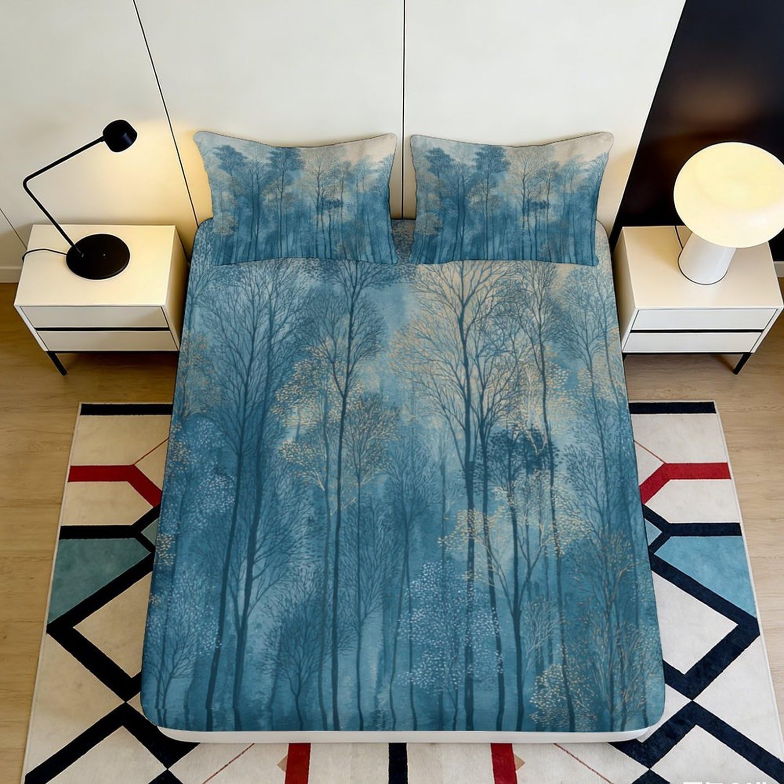 3D Printed Misty Forest Fitted Sheet Microfiber Soft Blue Tree Mattress Cover for Bedroom Decor Protection 90x200x25cm