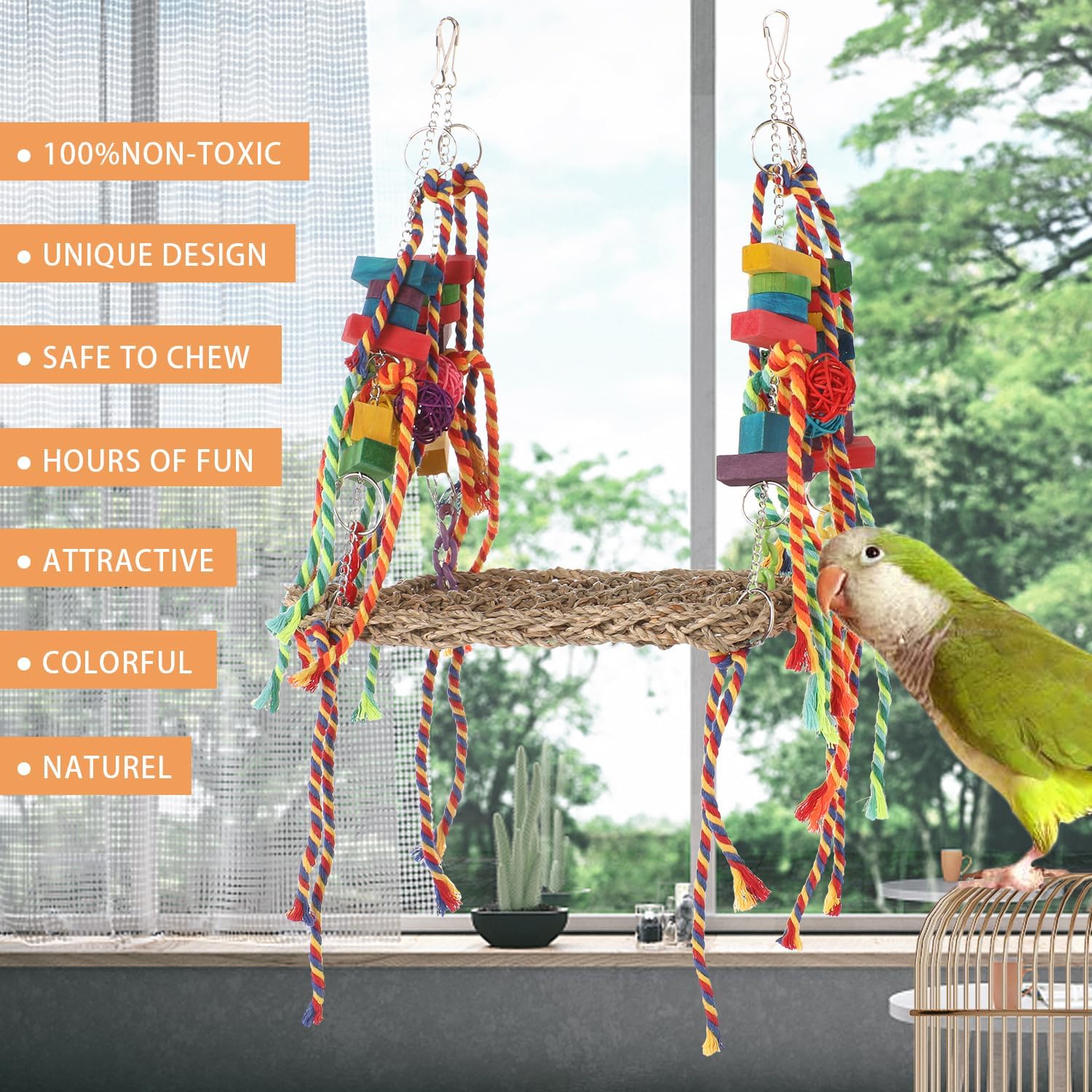 Bird Foraging Wall Toy, Parrot Chewing Toys Seagrass Woven Hammock Swing Mat with Colorful Ropes Wooden Blocks for Parakeets, Lovebirds, Cockatiels, Conures (Hammock Swing) image 5
