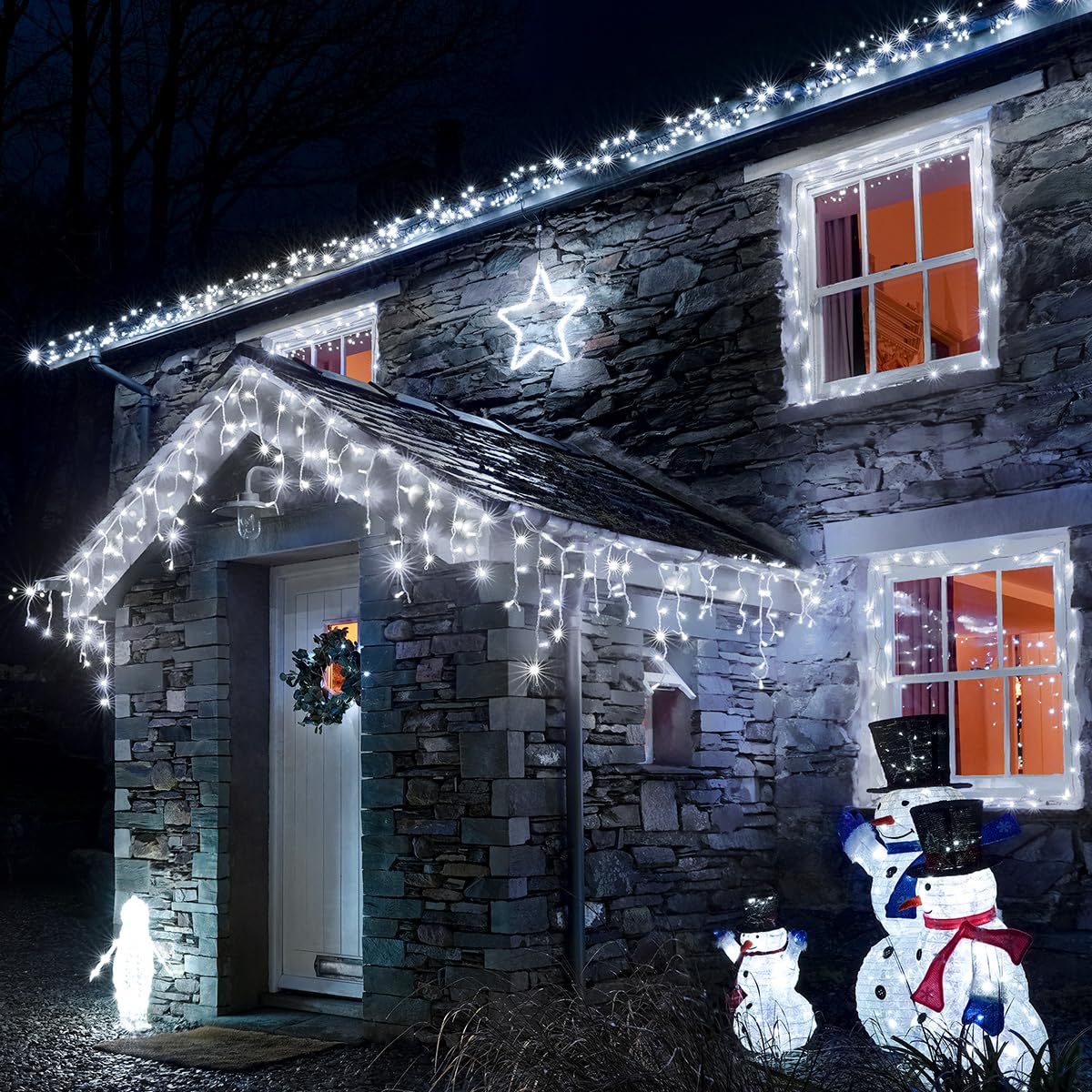 Festive Lights Clear White - Connectpro® 10M Connectable Christmas Icicle Lights - 240 Static Leds - Mains Operated Ip65 Outdoor Waterproof Seasonal Hanging Decoration - Heavy Duty White Rubber Cable