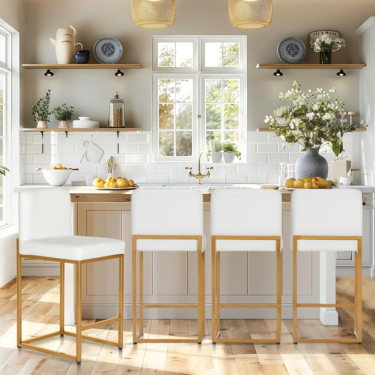 PHI VILLA Bar Stools Set of 4 Bar Stools with Back