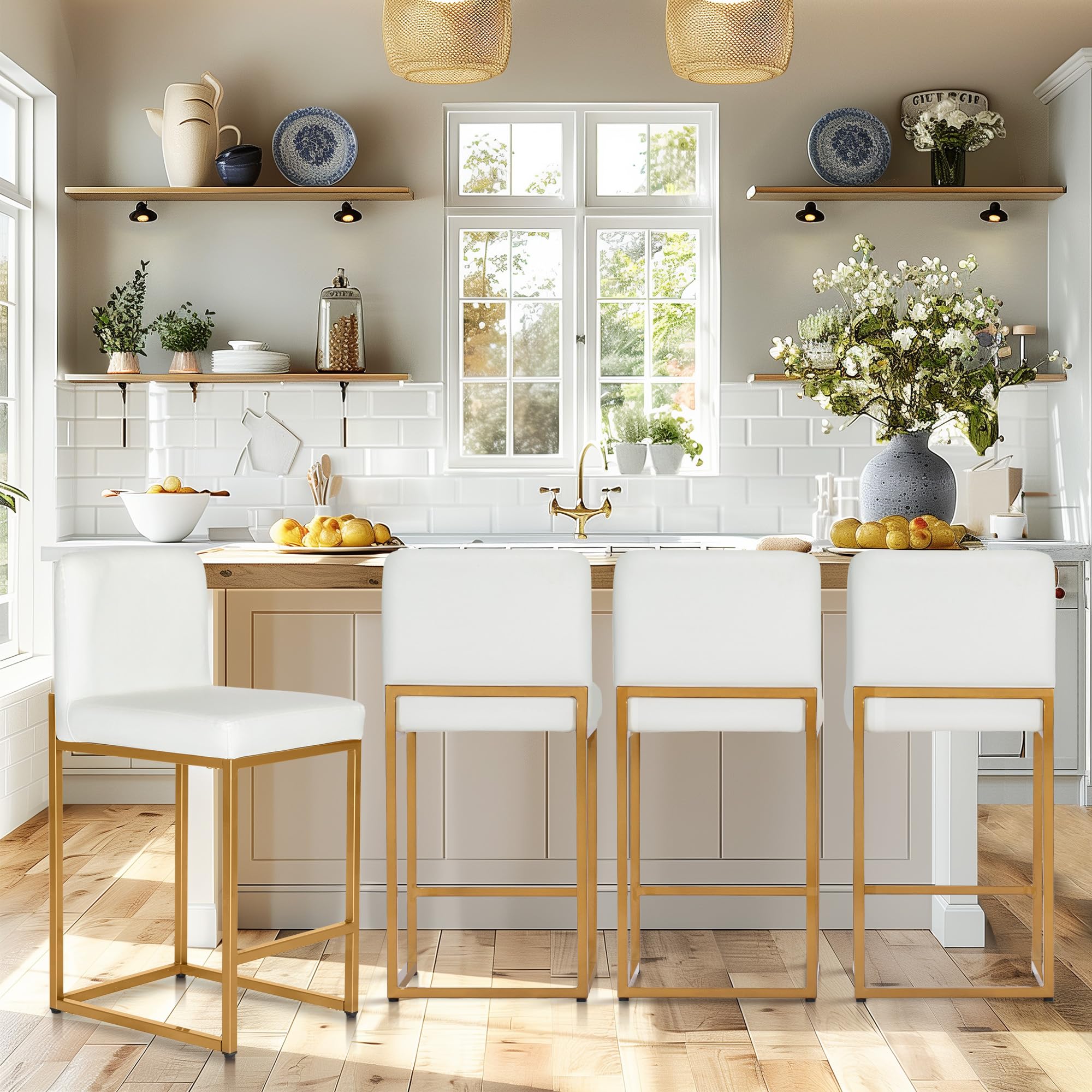 PHI VILLA Bar Stools Set of 4 - Bar Stools with Back Leather Stools for Kitchen Counter, White and Gold Counter Height Bar Stool