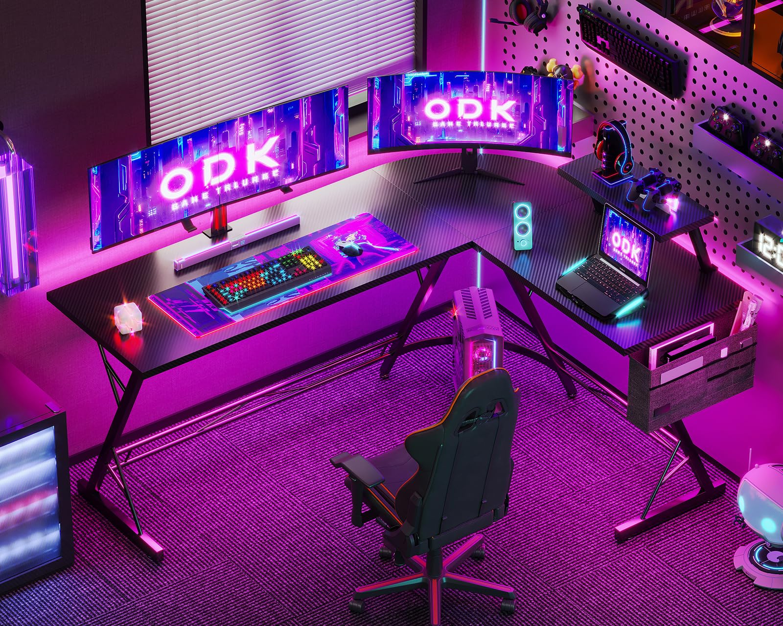 ODK Scrivania Gaming, Scrivania Computer 167x120cm con Supporto Monitor, Scrivania ad Angolo con Porta Cuffie per Gamer, Nero Carbonio