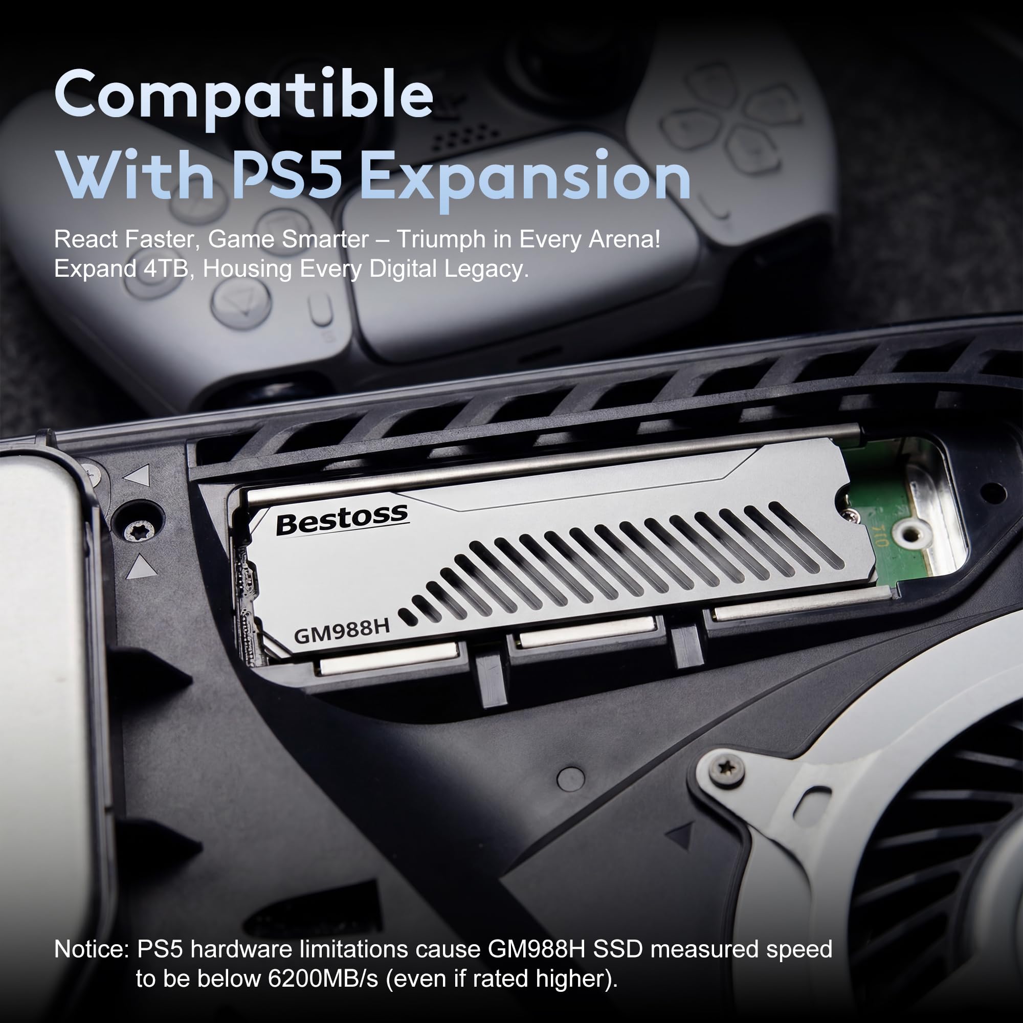 Bestoss SSD M.2 NVMe con disipador de calor de disipación estética de doble superficie, caché SLC de hasta 7300 MB/s y HMB, expansión de almacenamiento PS5, adaptada para jugadores, editores