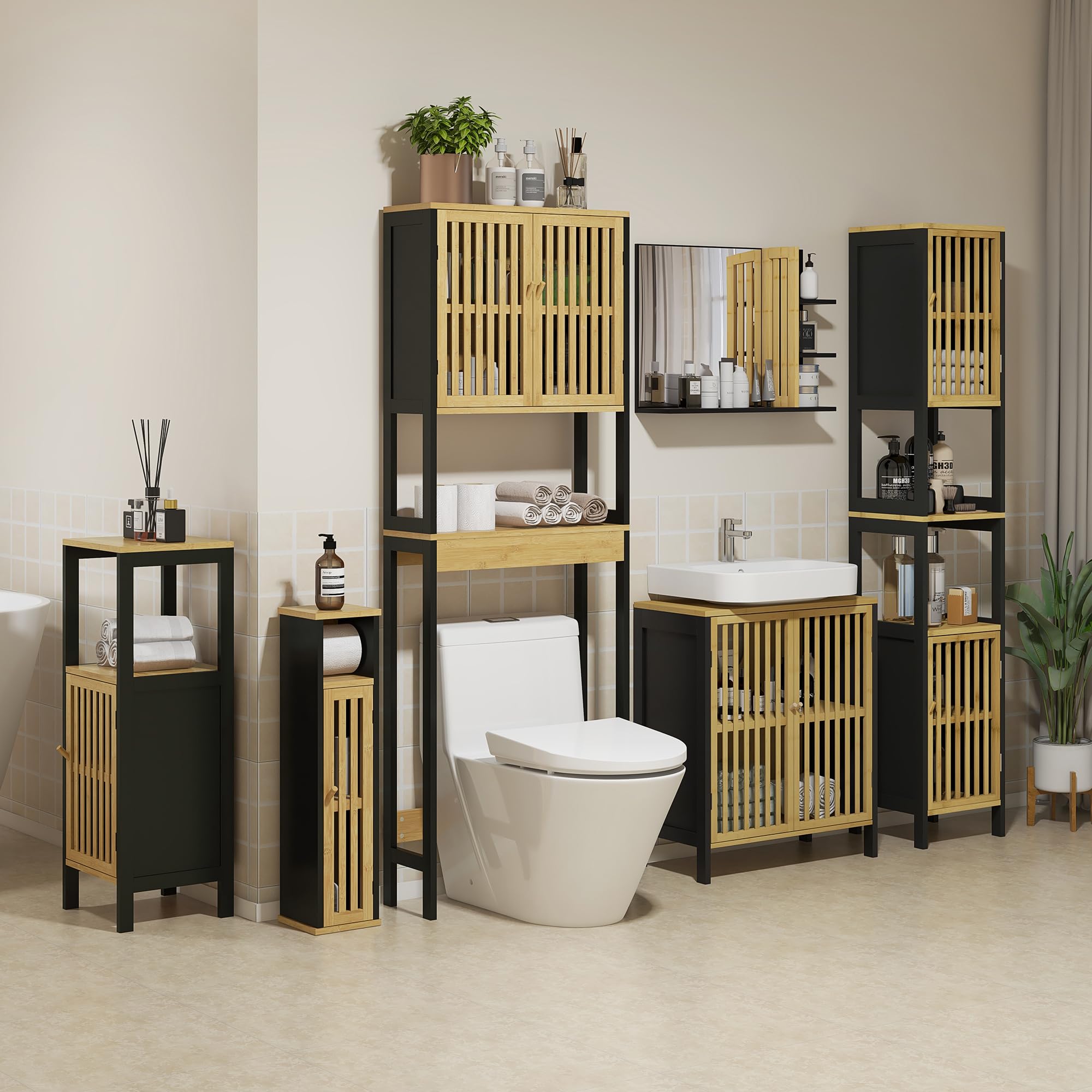 HOMCOM kleankin Regał łazienkowy szafka łazienkowa blat toalety z 2-drzwiową szafką i otwartą półką 60 l x 21,5 l x 172H cm Bambus - naturalne drewno i czarny