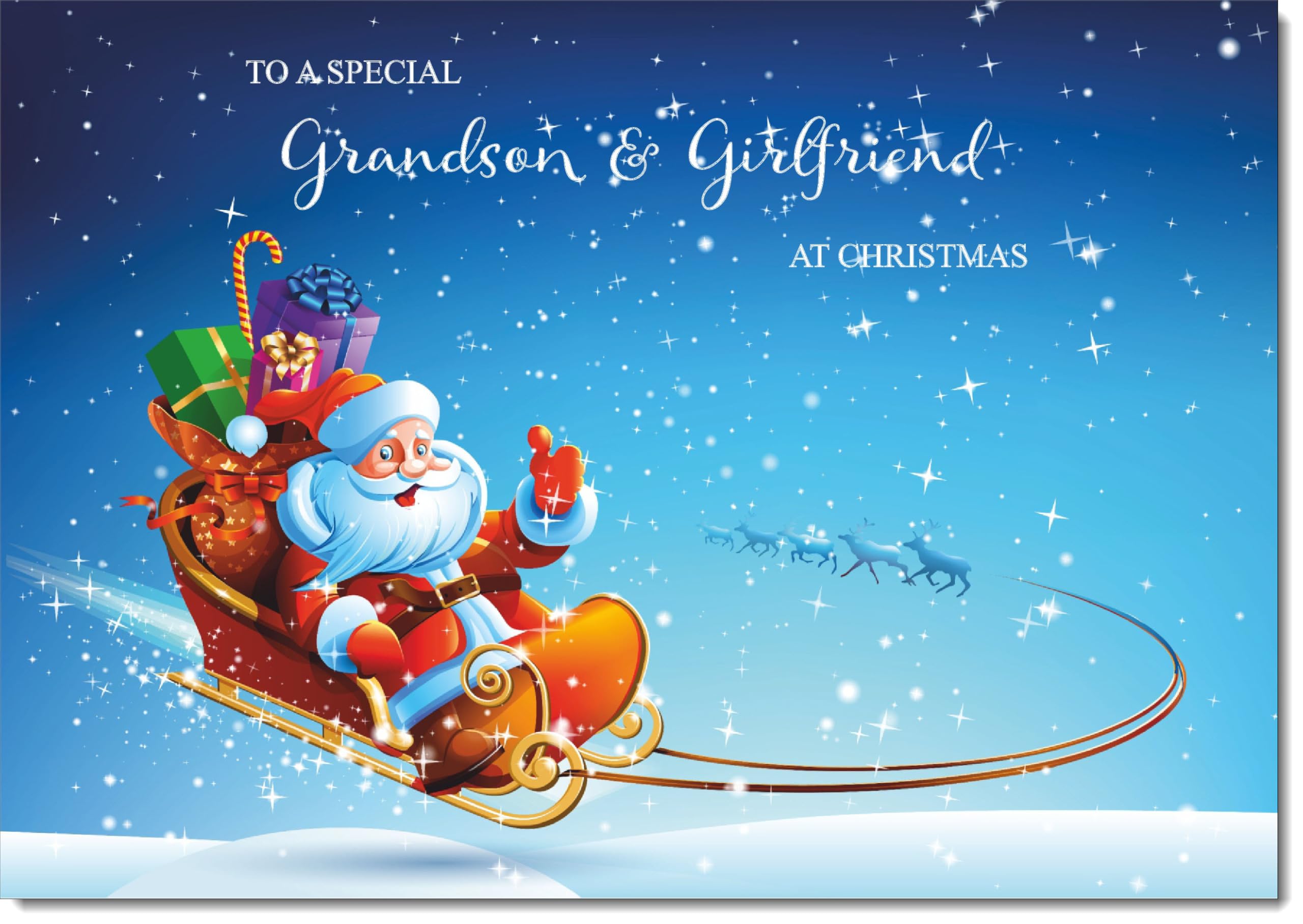 doodlecards Grandson and Girlfriend Christmas Card Santas Sleigh Large A4 Size Christmas Card for Grandson & Girlfriend with Plain Envelope