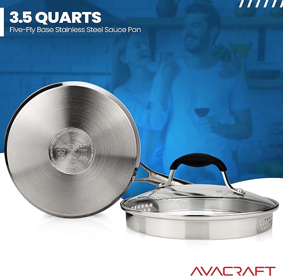 AVACRAFT 3.5 Quart Stainless Steel Saucepan with Glass Strainer Lid