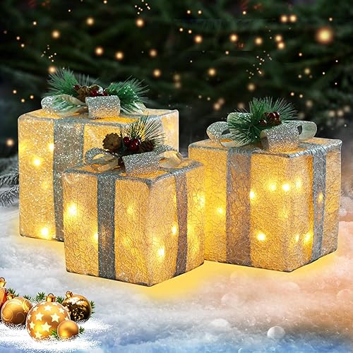 Cajas de regalo iluminadas de Navidad, 80 luces LED grandes de 8.6 a 7 a 6.3 pulgadas, color plateado, caja de regalo debajo del árbol de Navidad