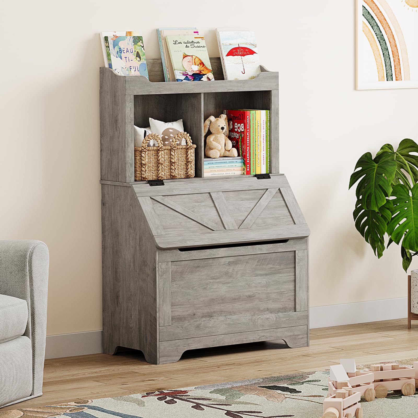 2-Shel Kids Wooden Storage Cabinet﻿,Toy Storage with Flip Lid and Cubbies, Kids Bookshelf Toy Organizer for Playroom, Nursery or Classroom, Durable Design,Gray