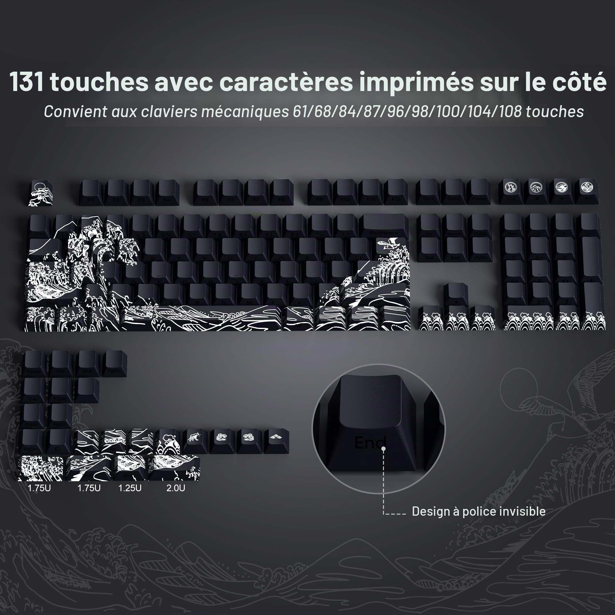 131 touches Keycaps PBT, Custom Keycap Cherry Profile Shine Through, Wave of Kanagawa Double Shot Keycaps Side Print, Dye Sub Keycap Set, Noir