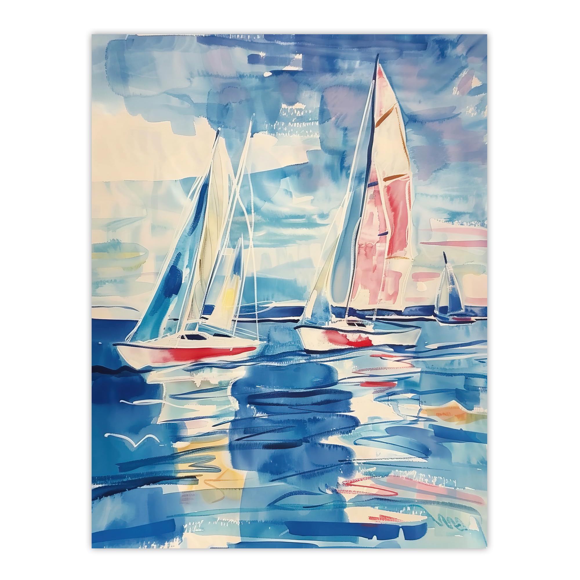 Artery8 Sailboats at Sea Oil Painting Wall Art Print - W18" x H24"