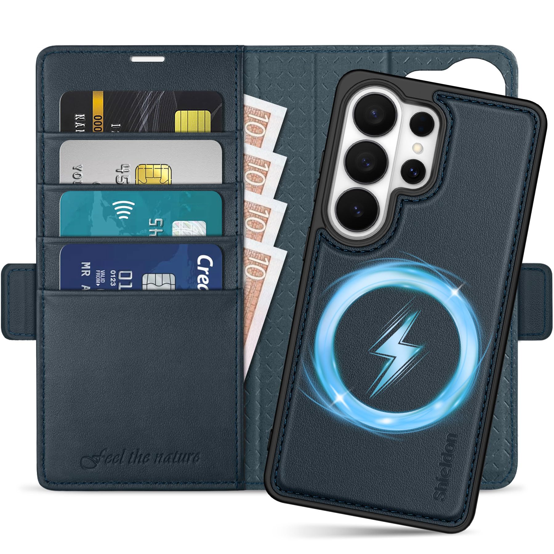 SHIELDON Genuine Leather Removable Wallet Case for Galaxy S26 Ultra 6.9-inch 2026, Magnetic Wireless Charging, RFID Blocking, Card Slots, Stand Function, Shockproof Detachable Flip Cover - Navy Blue