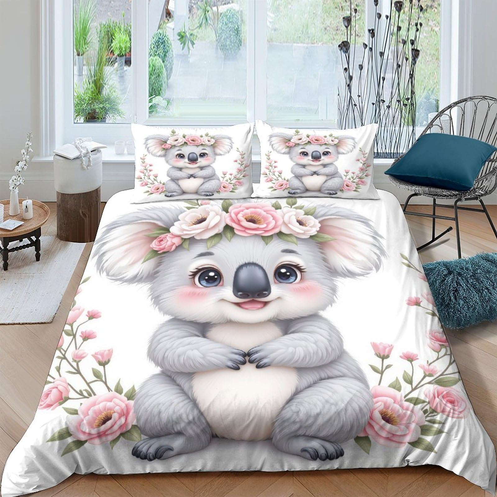 Ctjqhvkz Style-1 3D Printed Cute Koala Flower Fitted Sheet Microfiber Soft Breathable Cartoon Animal Bed Sheet For Bedroom Decor Single（135X200cm）
