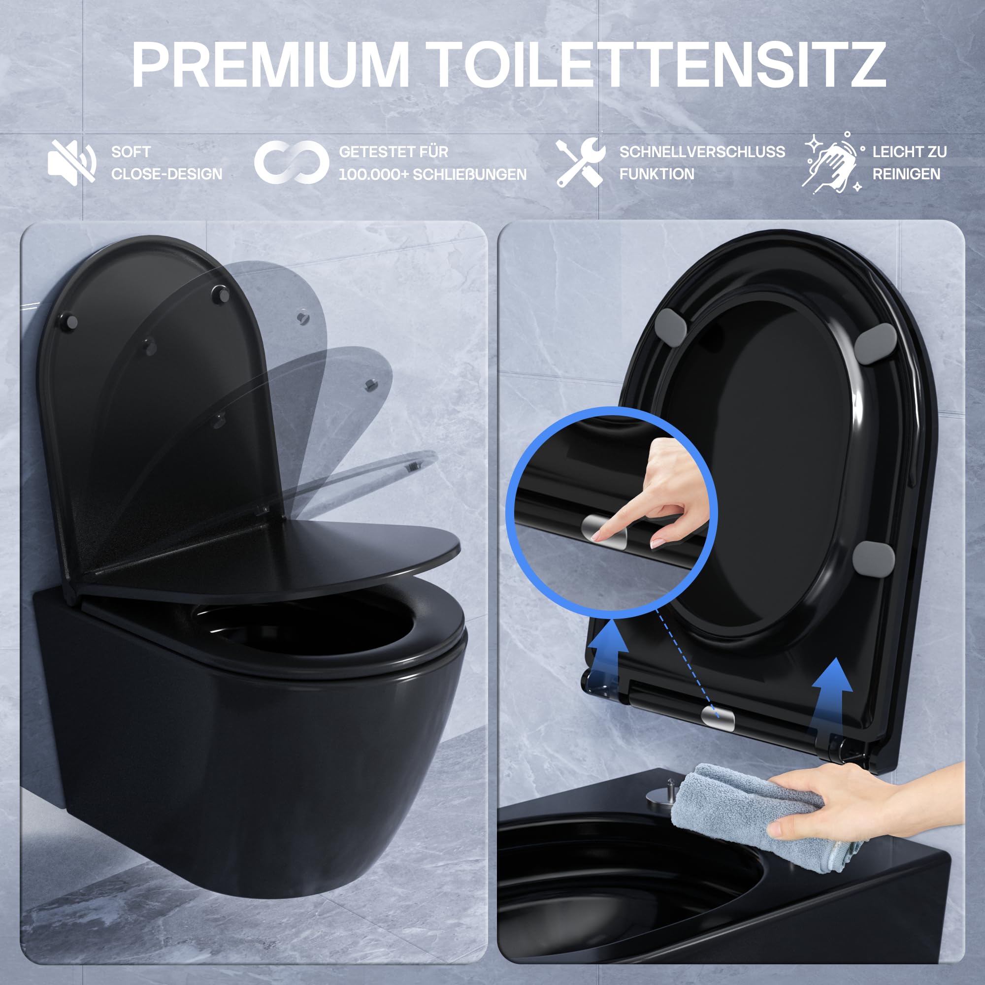 Spülrandloses Hänge-WC, Leises Und Wassersparendes Hochleistungs-Spülsystem, Wand-WC Mit Abnehmbarem WC-Sitz Mit Absenkautomatik, Mehrere Farben Verfügbar,49.5 cm (Schwarz Matt)
