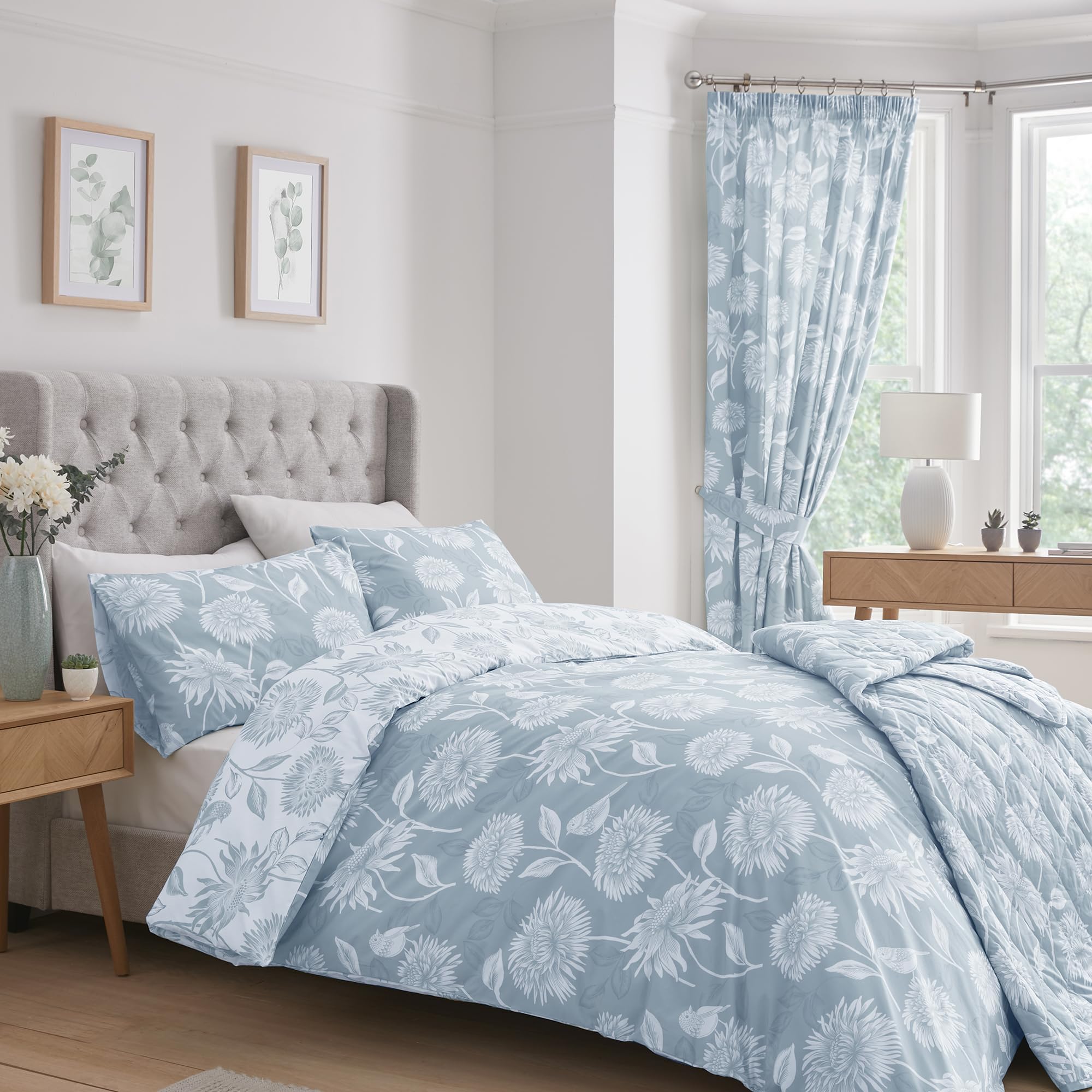 Dreams & Drapes Blue Chrysanthemum Drapes, W66 x L72 (168x183cm), 2 Panels with Tie Backs - Image 2