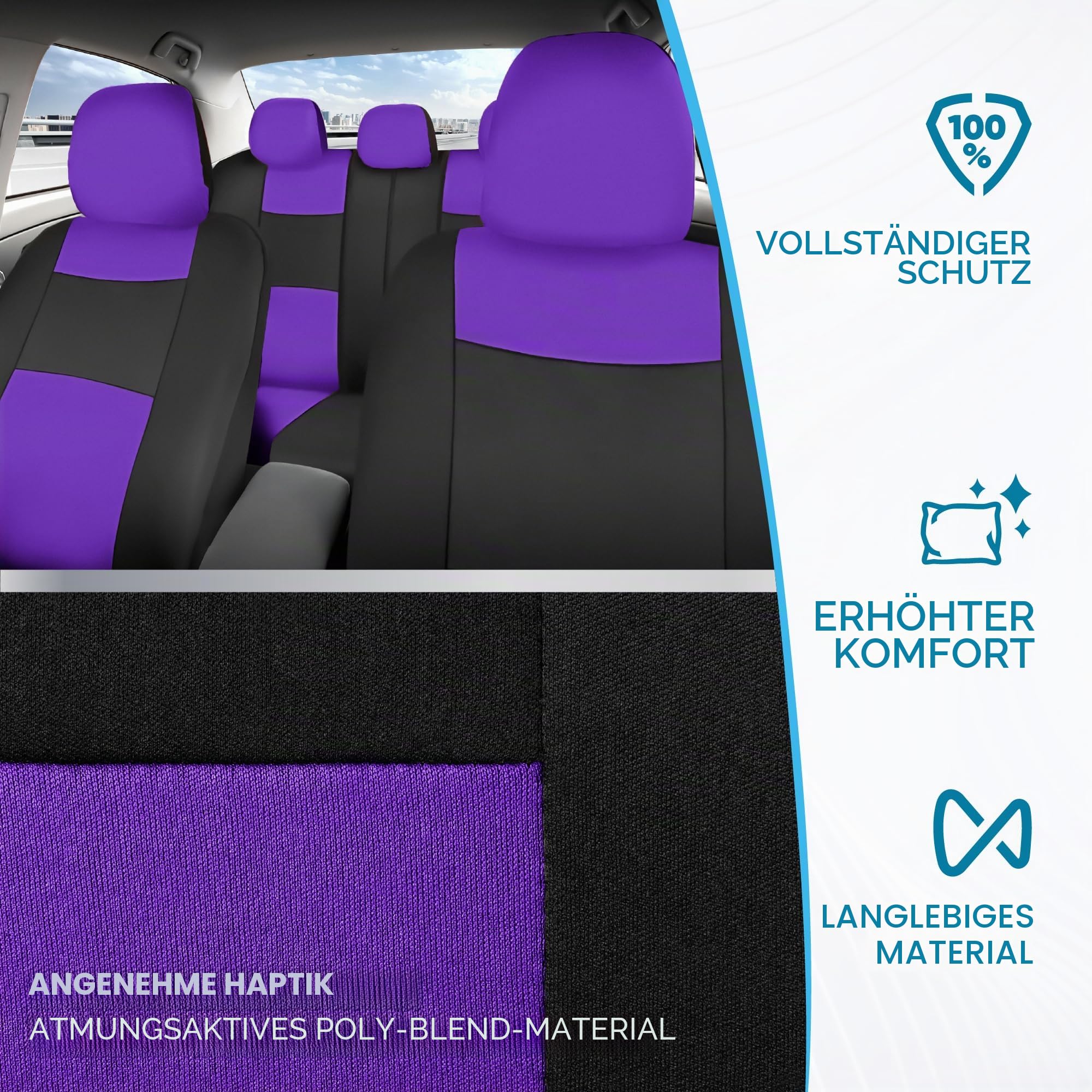 BDK PolyPro Autositzbezüge Komplettset in Lila auf Schwarz, vorne und hinten Geteilte Sitzbezüge für Autos, Autositzbezug-Set, Autozubehör für Auto, LKW, Van, SUV - Lila