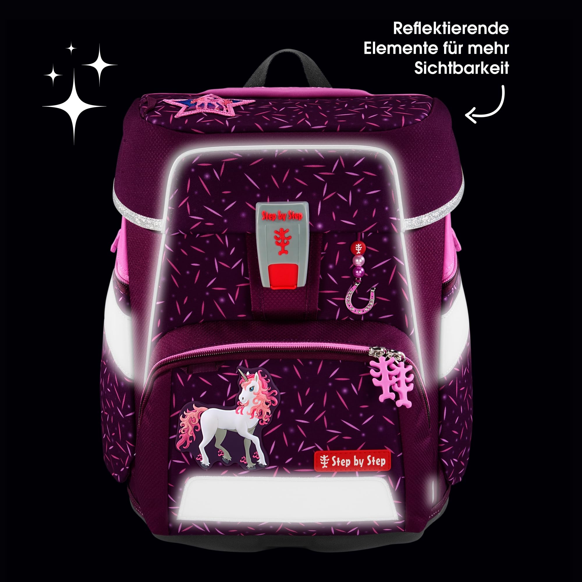 Step by Step Space - Juego de mochila escolar (5 piezas, ergonómica, con reflectores, altura regulable con cinturón para la cadera, a partir de 1ª clase, 20 L)