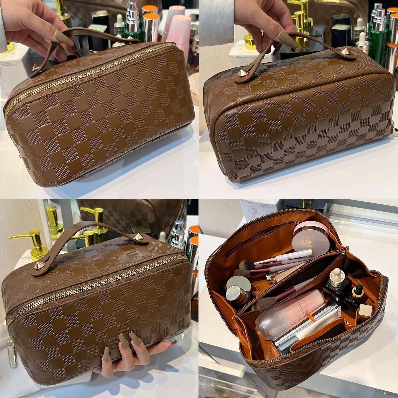 Kosmetiktasche Damen Kosmetiktasche Damen PU-Leder Kosmetiktasche Reise-Kulturbeutel mit Grifffach Kulturbeutel(Brown)