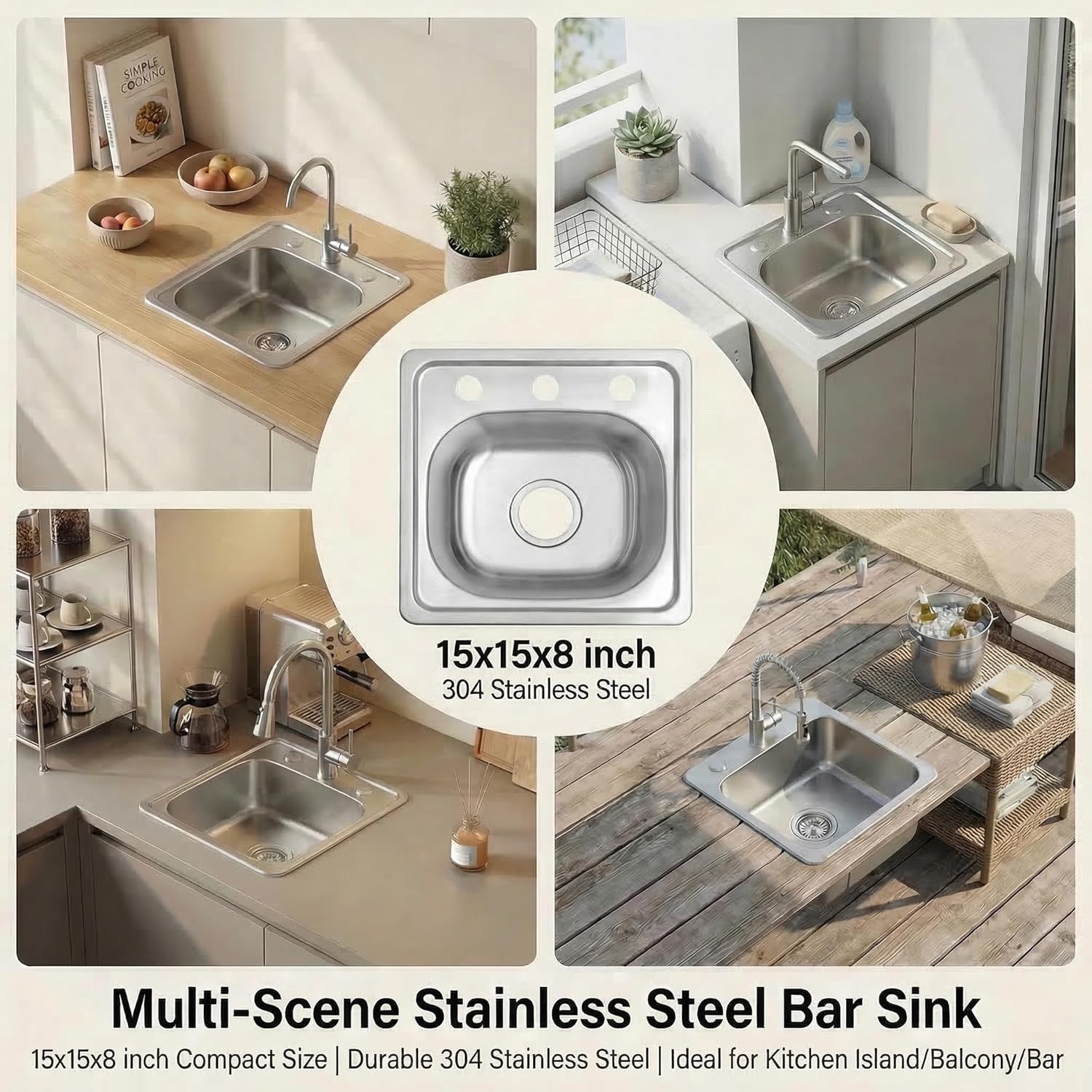 MILOSEN 15 x 15 inch Drop in Bar Sink, T304 Stainless Steel RV Kitchen Sinks, 8'' Deep Outdoor Single Bowl Wet Bar&Prep Small Topmount RV Sinks with Strainer, Brushed Nickel