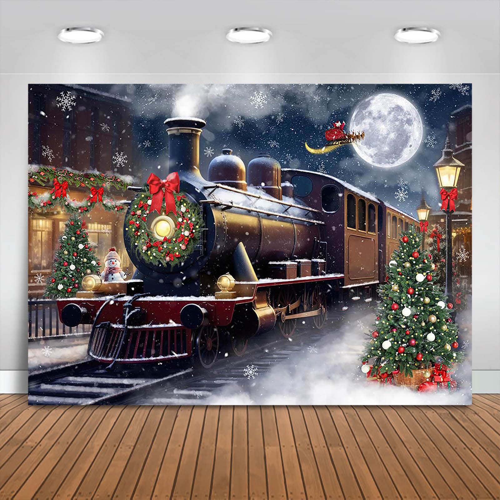 Fitumiw Christmas Train Photography Backdrop 10x7ft Snowy Christmas Night Xmas Party Decorations Photography Background Winter Wonderland Santa Claus