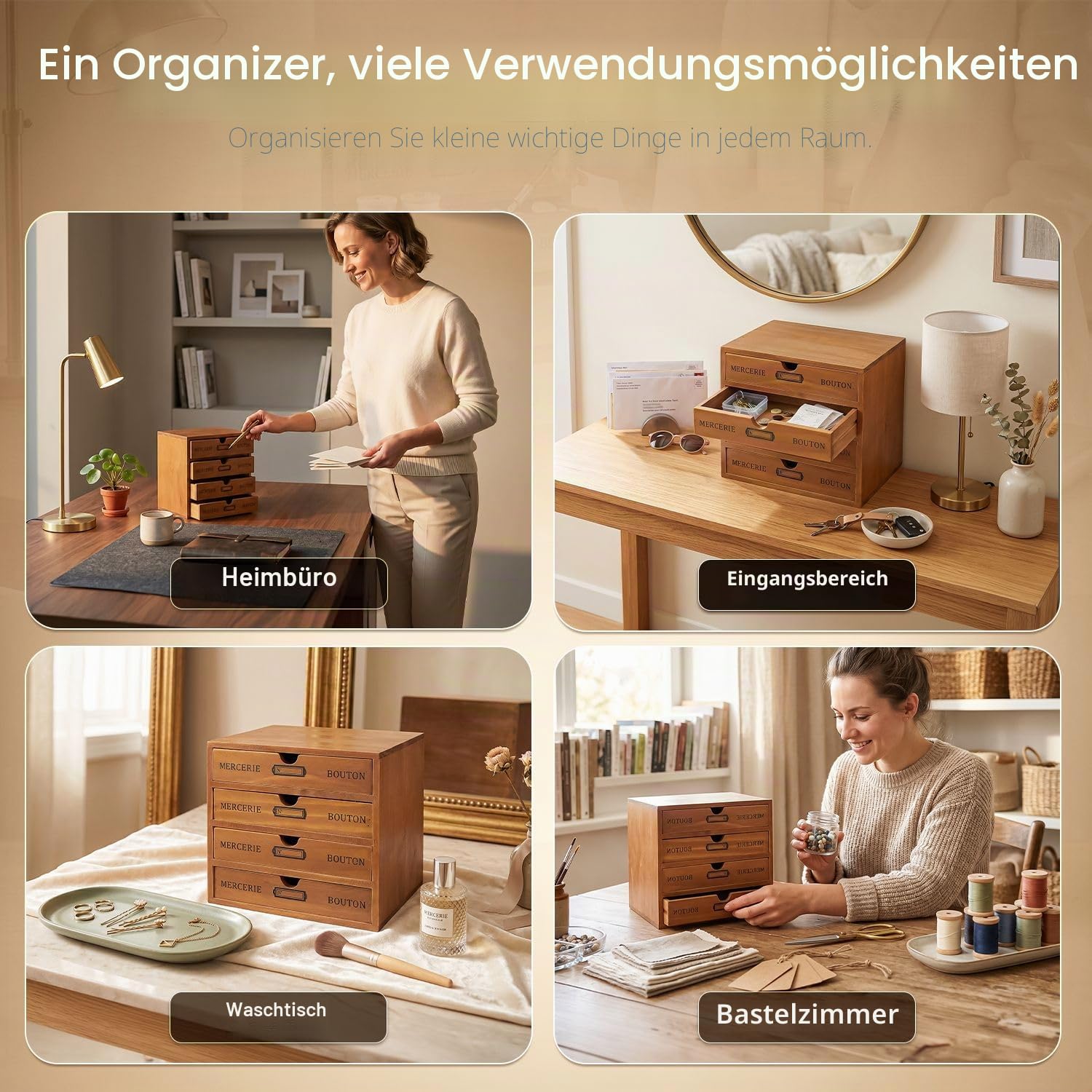 Flexzion Holz-Schreibtisch-Organizer mit 4 Schubladen, 4-stöckiger Holz-Tischschrank, Arbeitsplatte, Schreibtisch-Zubehörbox, für Zuhause, Arbeitsplatz, Theke, Kunsthandwerk, Werkzeugpost