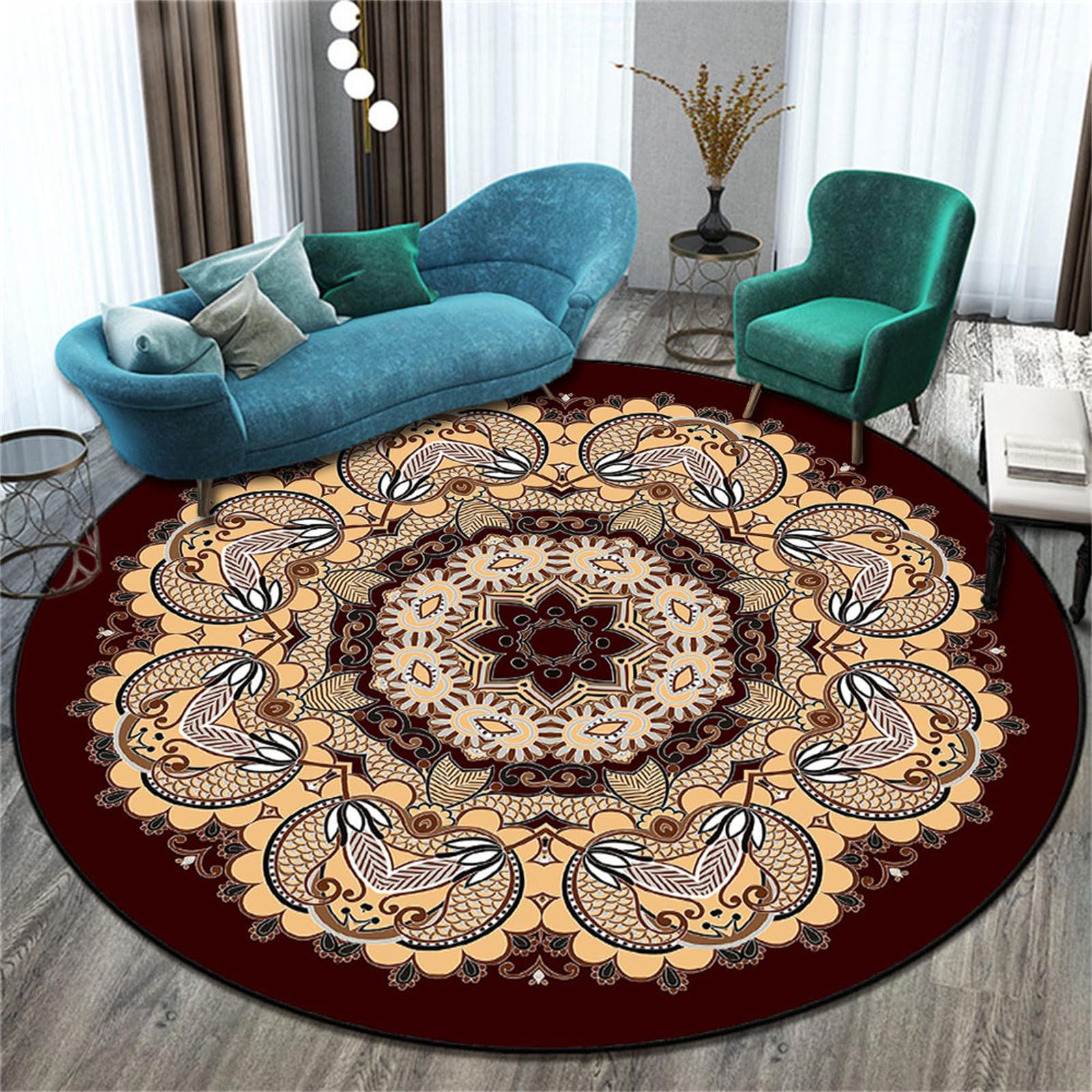 Teppich Rund, Kristallsamt Reppich Schlafzimmer, Moderner Innenbereich Runder Teppich, Ethnischer Stil Waschbarer rutschfest Teppich für Wohnzimmer, Kinderzimmer, Büro (Braun,160cm)
