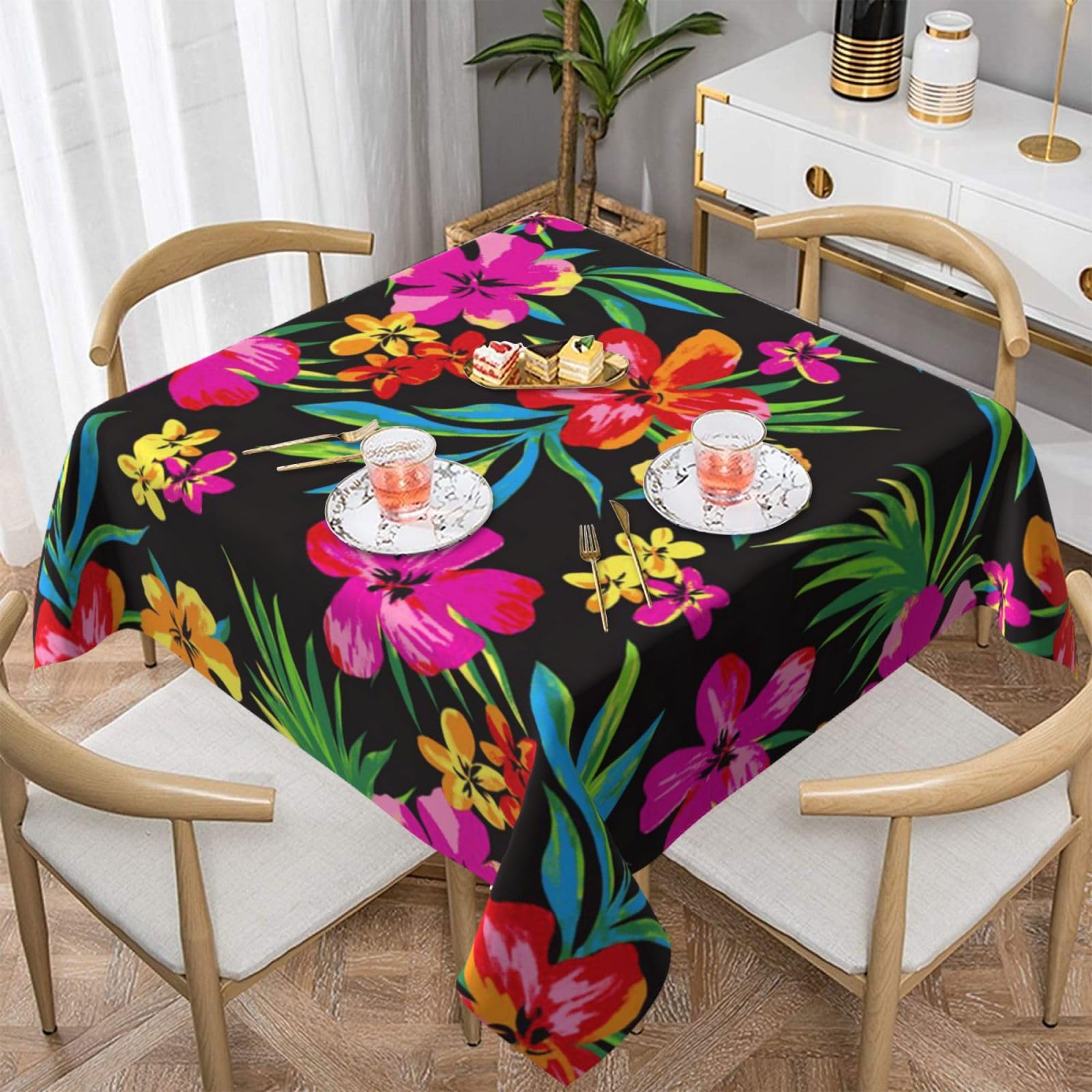 DCEHGEW Hawaiian Colorful Flower Prints Square Tablecloth 152x152 CM, Waterproof Fabric Table Cloth for Dining Table, Farmhouse Table Cover for Kitchen Dining Tabletop Decoration