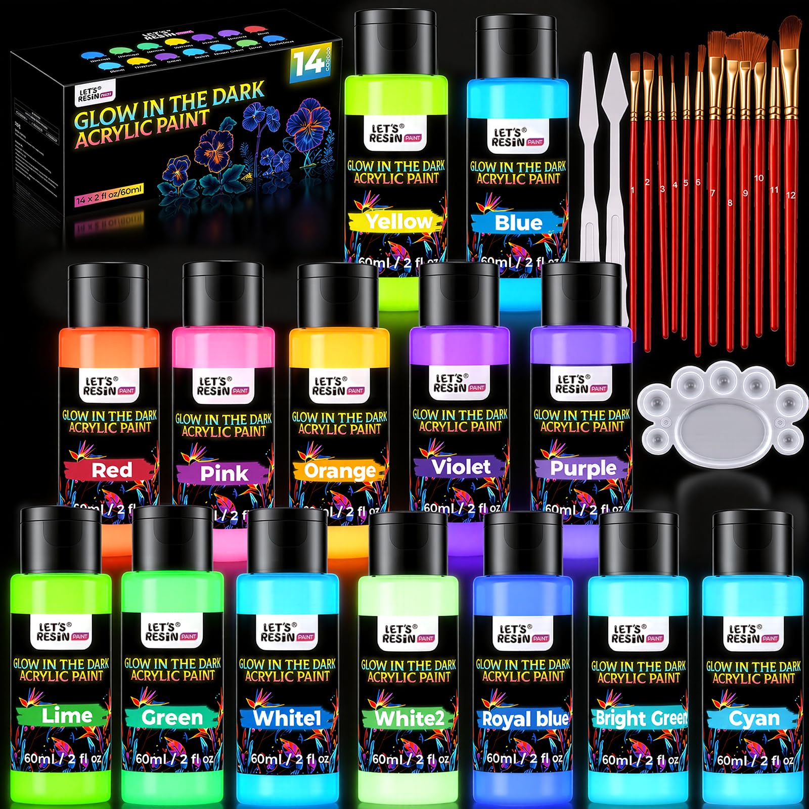 Amazon.com: Glow in the Dark Acrylic Paint,14 Bright Colors Each