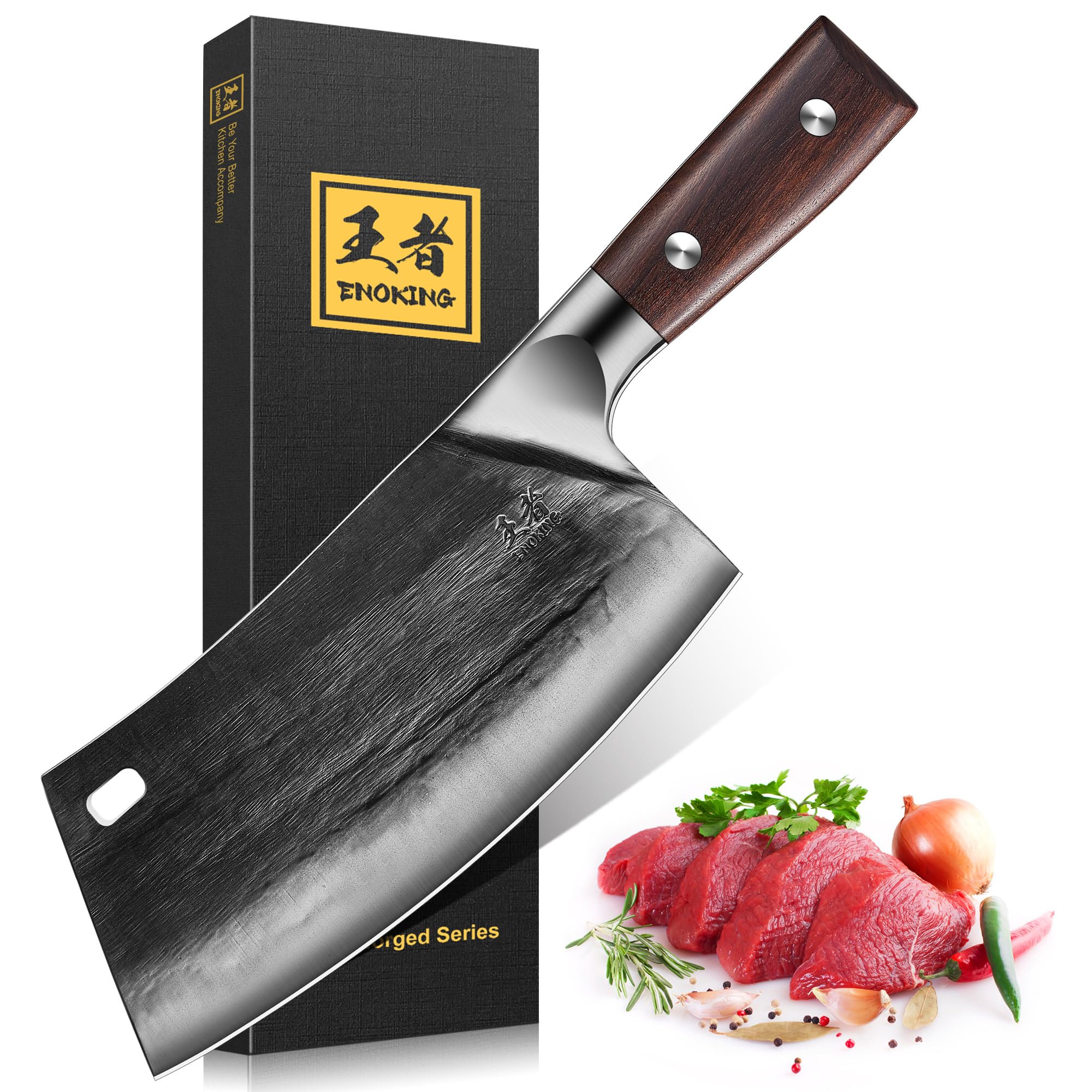 ENOKINGKitchen Knife, 7.7 Inch Hand Forged Chef Knife, German High Carbon Stainless Steel Chinese Knife for Cutting, Meat Knife with Full Tang Handle for Home Kitchen