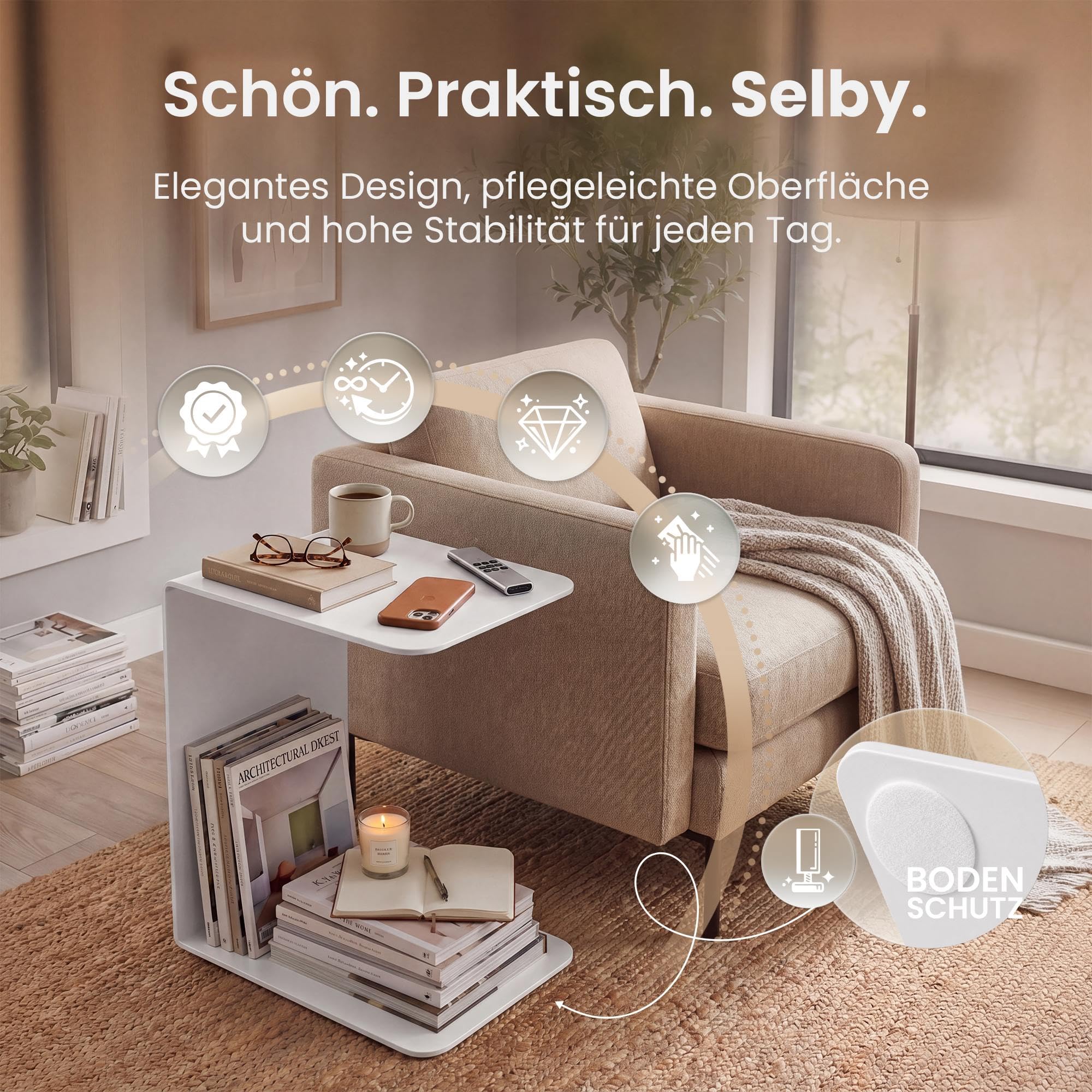 CLP Beistelltisch Couch klein Selby, Couchtisch C-Form Metall, Wohnzimmertisch modern aus massivem 5mm Stahl pulverbeschichtet, Farbe:weiß, Größe:48 cm