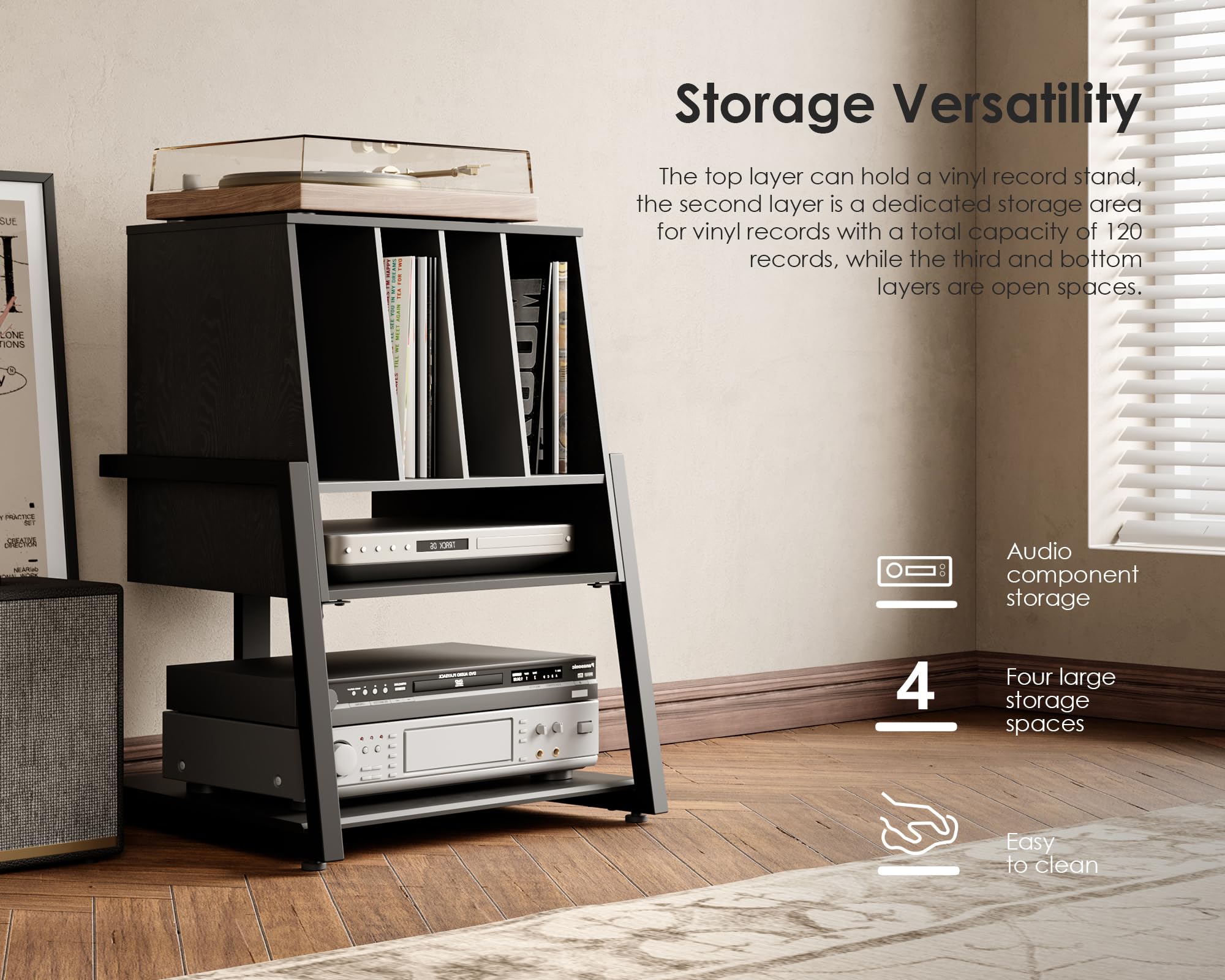 FITUEYES Mueble Tocadiscos, Mueble HiFi de Madera y Metal, Almacenamiento para 120 Discos, para Sistemas Compactos, para Salones y Salas de Música