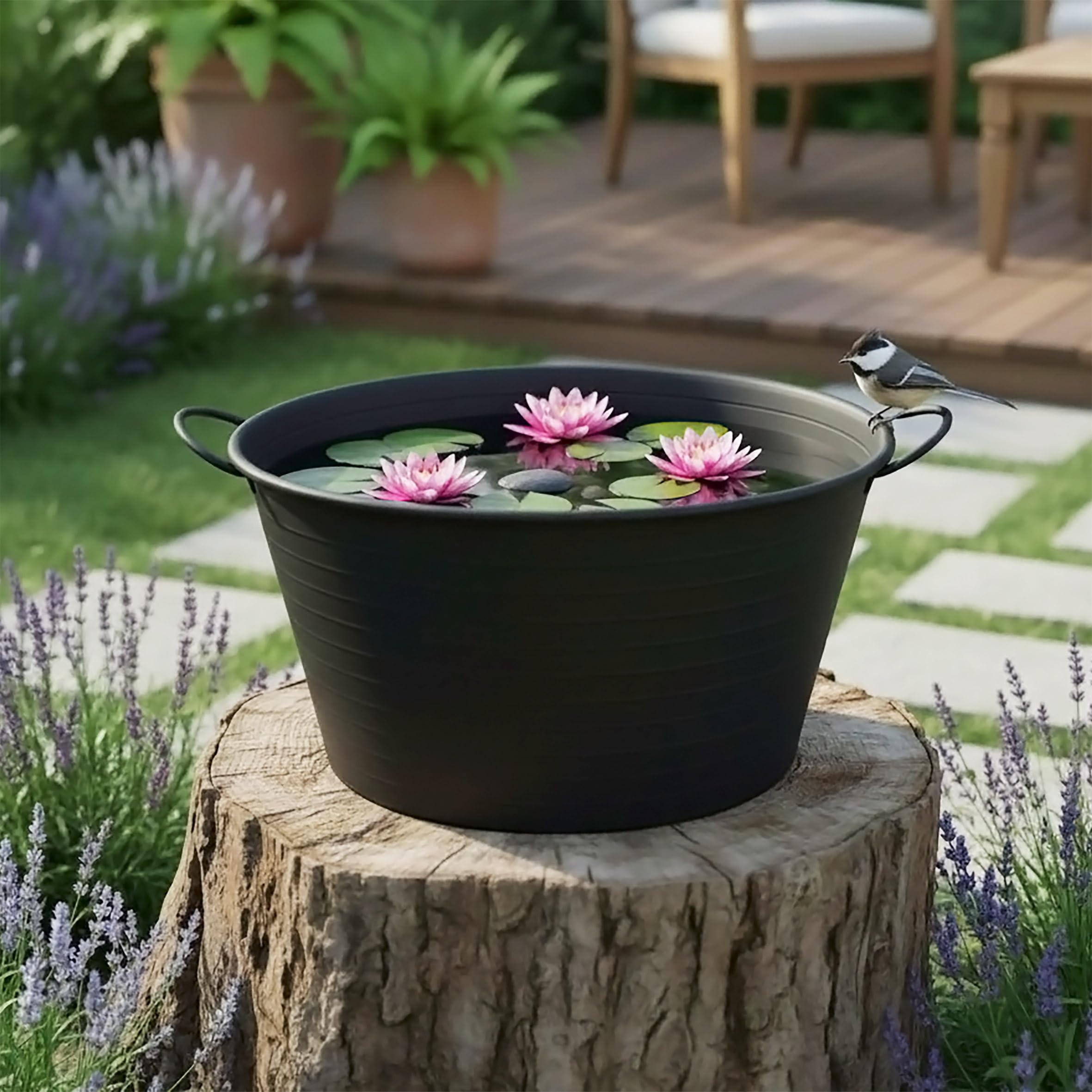 Spetebo Bac ovale en métal avec poignées - 59 x 36 cm - Noir - Jardinière décorative en métal - Mini bassin de jardin, bassin de balcon, bac à fleurs - Pot de fleurs décoratif