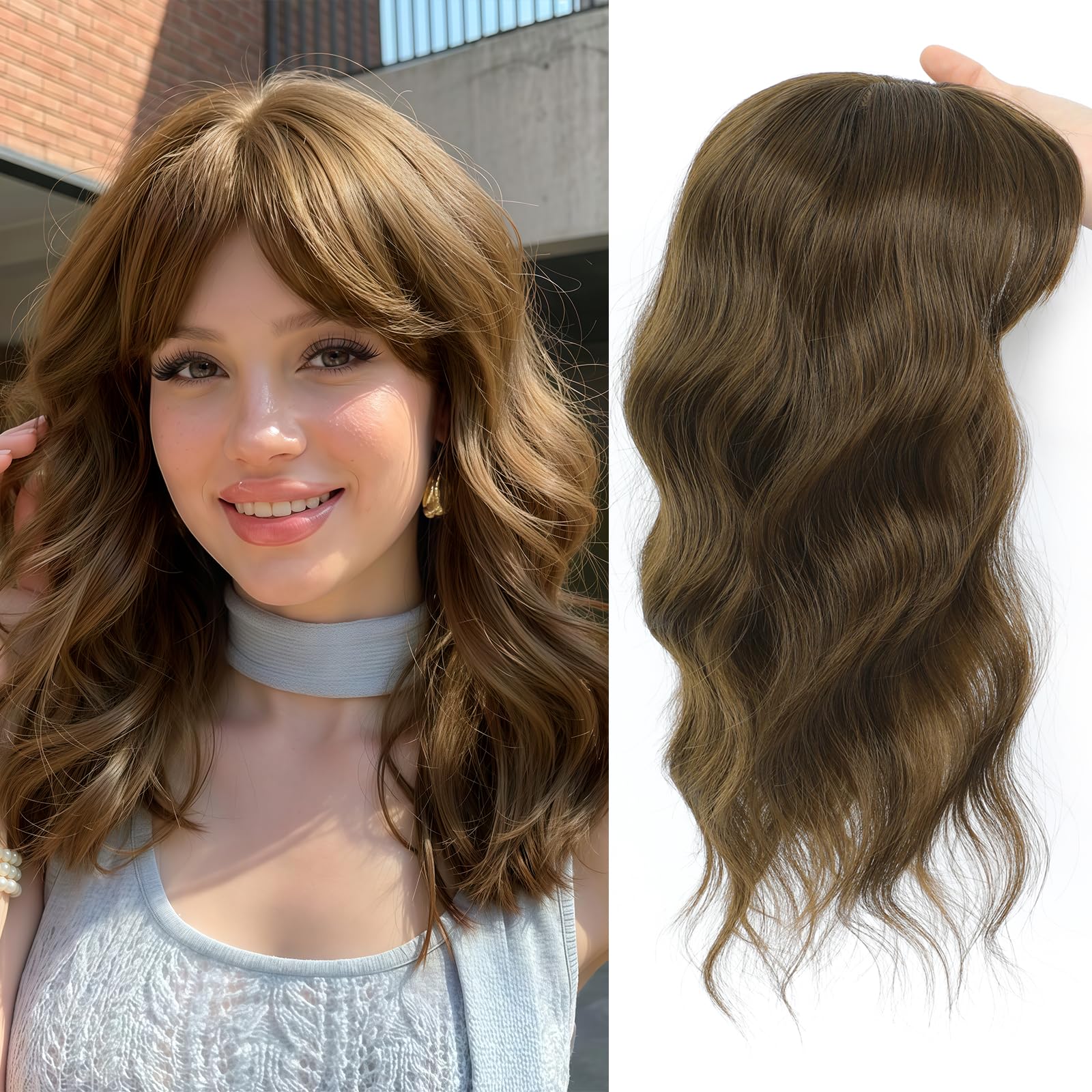 Photo 1 of 16 Inch Hair Topper for Women with Thinning Hair, Synthetic Curly Wavy Clip-In Topper with Wispy Bangs Natural Looking Crown Coverage Lightweight Hair Piece for Volume(Chestnu Brown)