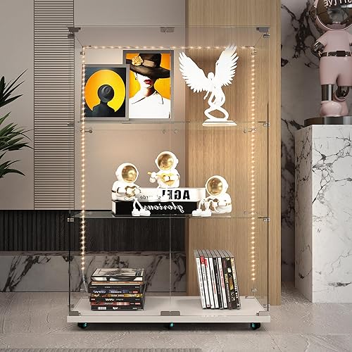 Miniatura 141 de Vitrina de cristal con 4 estantes con tira de luces LED y cerradura, vitrina de vitrina con ruedas y 1 puerta, vitrina de vidrio templado para sala