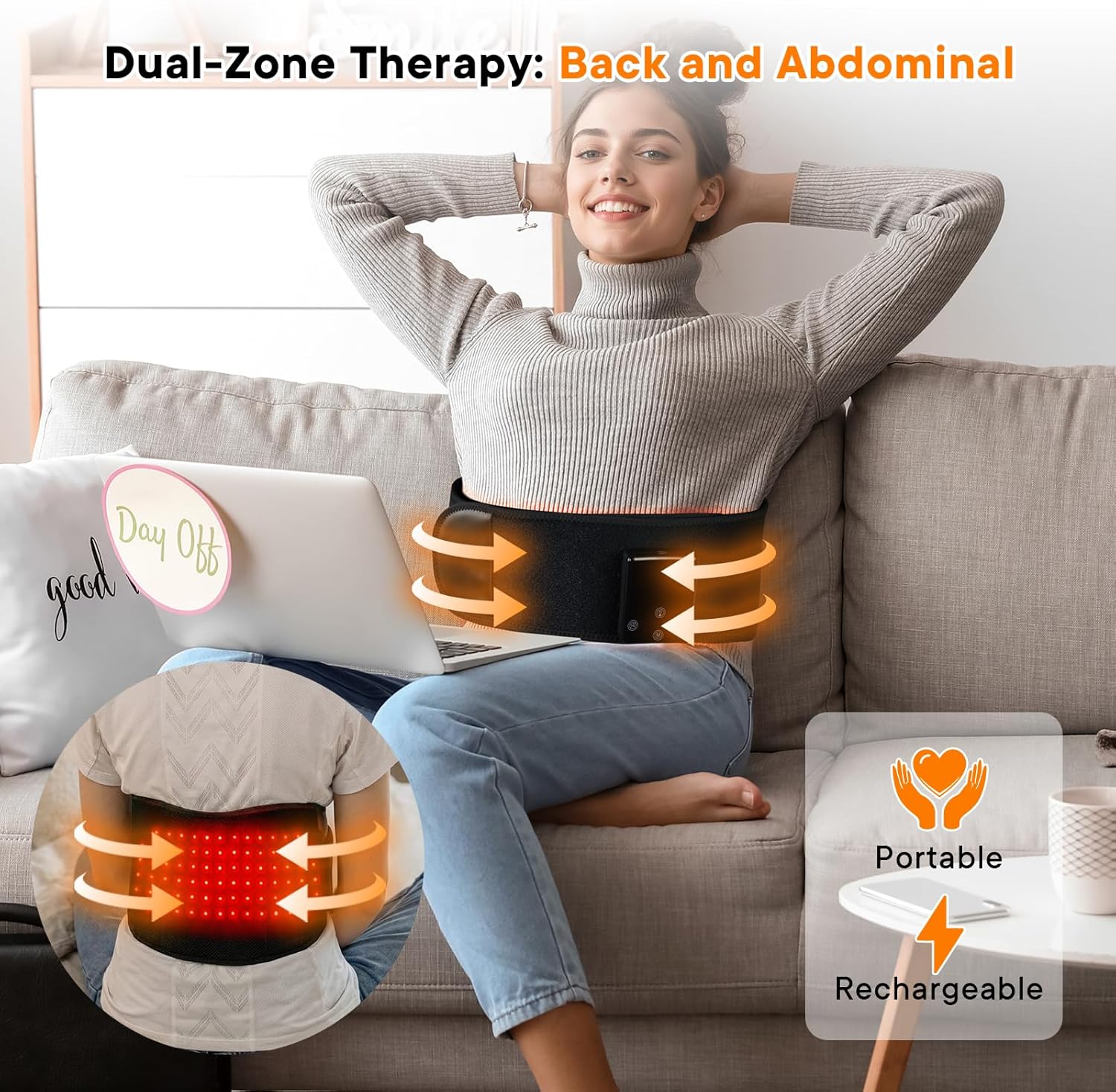 Portable Red Light Therapy Belt for Back Pain & Abdomen, 5000mAh Cordless with Dual-Zone Control, 10/20/30 Min Timer, 10Hz Pulse for Muscle Recovery, Home Office Use, Gift for Parents