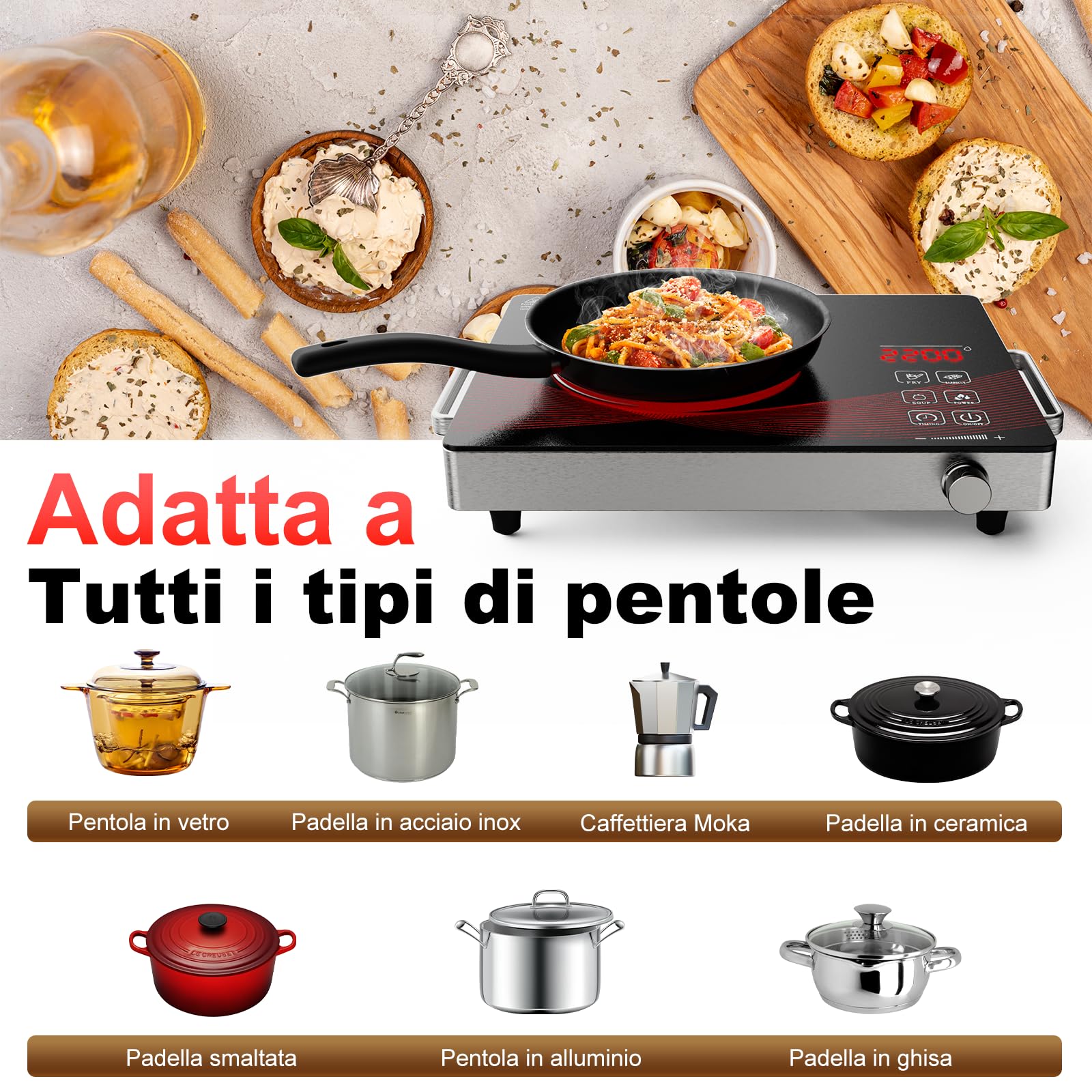 Fornello Elettrico 1 Piastra 2200W, Portatile Infrarossi Piano Cottura Elettrico Vetroceramica con Timer, Singolo Fornello per Campeggio e Casa, Comandi Touch e Manopola Rotante, 220V