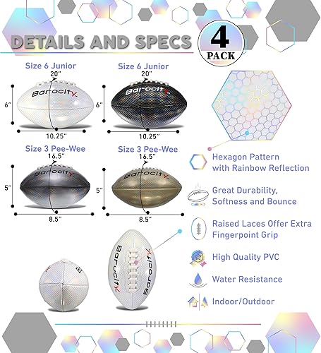Miniatura 2 de Footballs for Kids - Reflective Iridescent Rainbow Hex Pattern Boy and Girl Official Match Football - 4 Premium Durable Training Balls