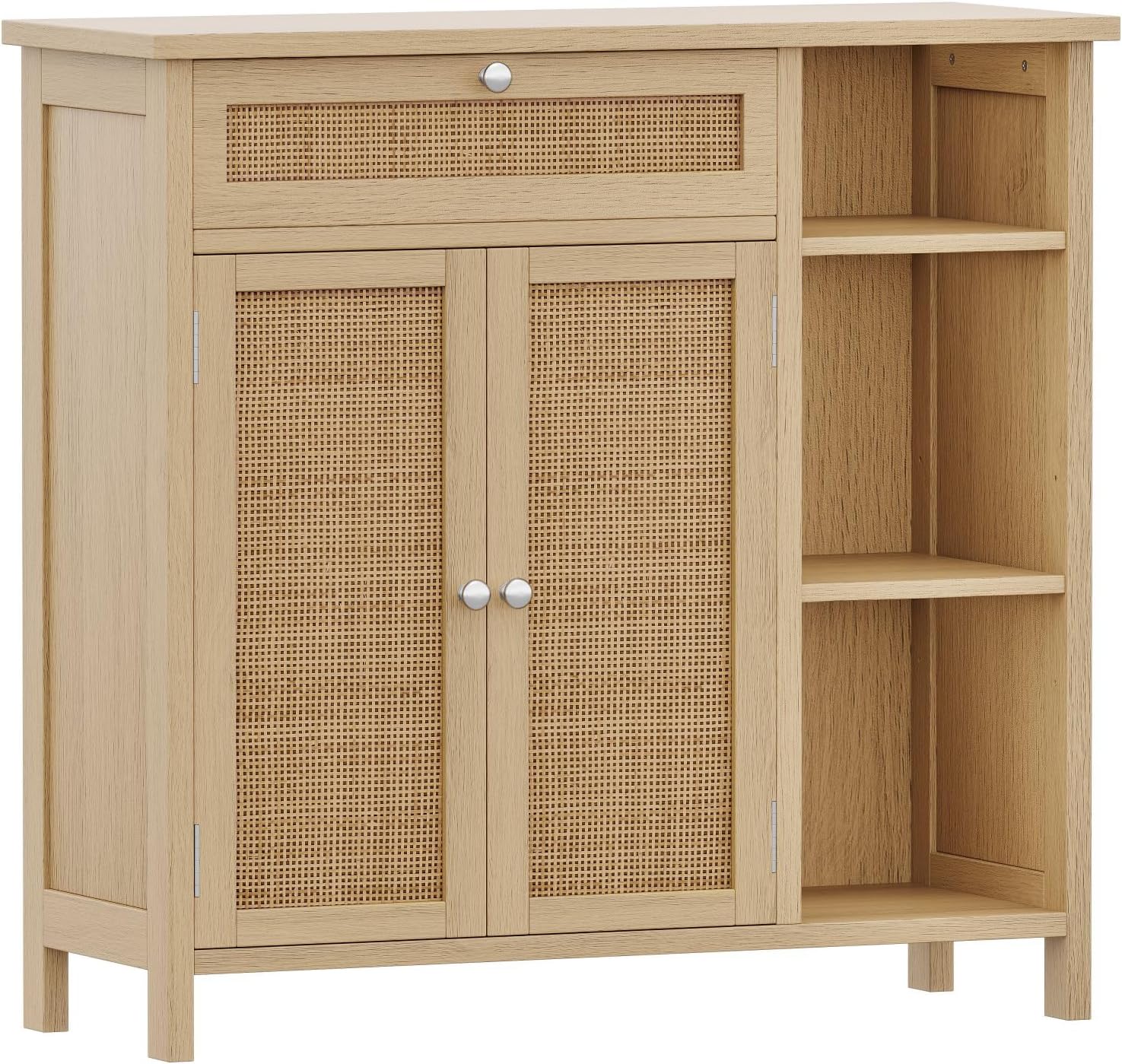 Irontar Rattan Bathroom Cabinet with Doors, Bathroom Floor Cabinet with Drawer & Adjustable Shelf, Kitchen Cupboard Storage for Living Room, Entryway, Natural