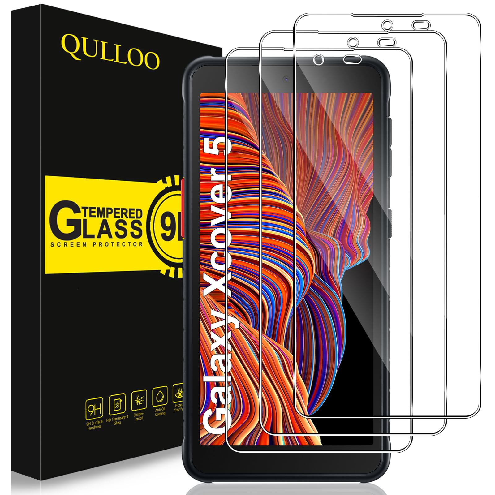 QULLOO Tempered Glass Screen Protector for Samsung Galaxy Xcover 5, [Pack of 3] 9H Hardness HD Screen Protector Anti-Scratch Tempered Glass Film for Samsung Galaxy Xcover 5