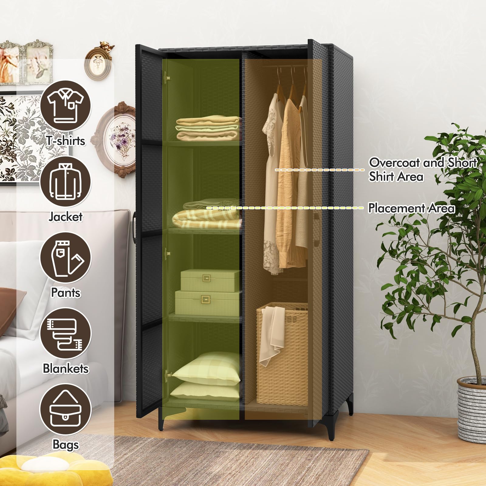 KOMFOTTEU Armario de Jardín de Ratán, Armario Alto con Barra para Colgar y 4 Cubos, Mueble de Almacenamiento con Puertas Dobles y Dispositivo Antivuelco, 72 x 50 x 157 cm (Negro)