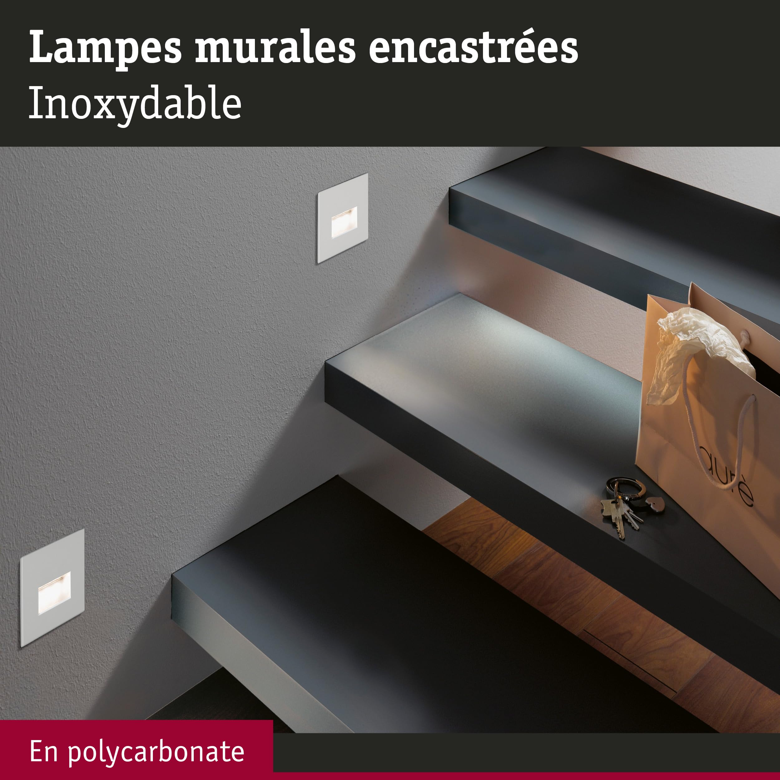 Paulmann 5221 Kit LED encastrés muraux Edge jeu de 3 carrés 80x5 mm 3x1,2W 3x50lm 230V 2700K blanc dépoli
