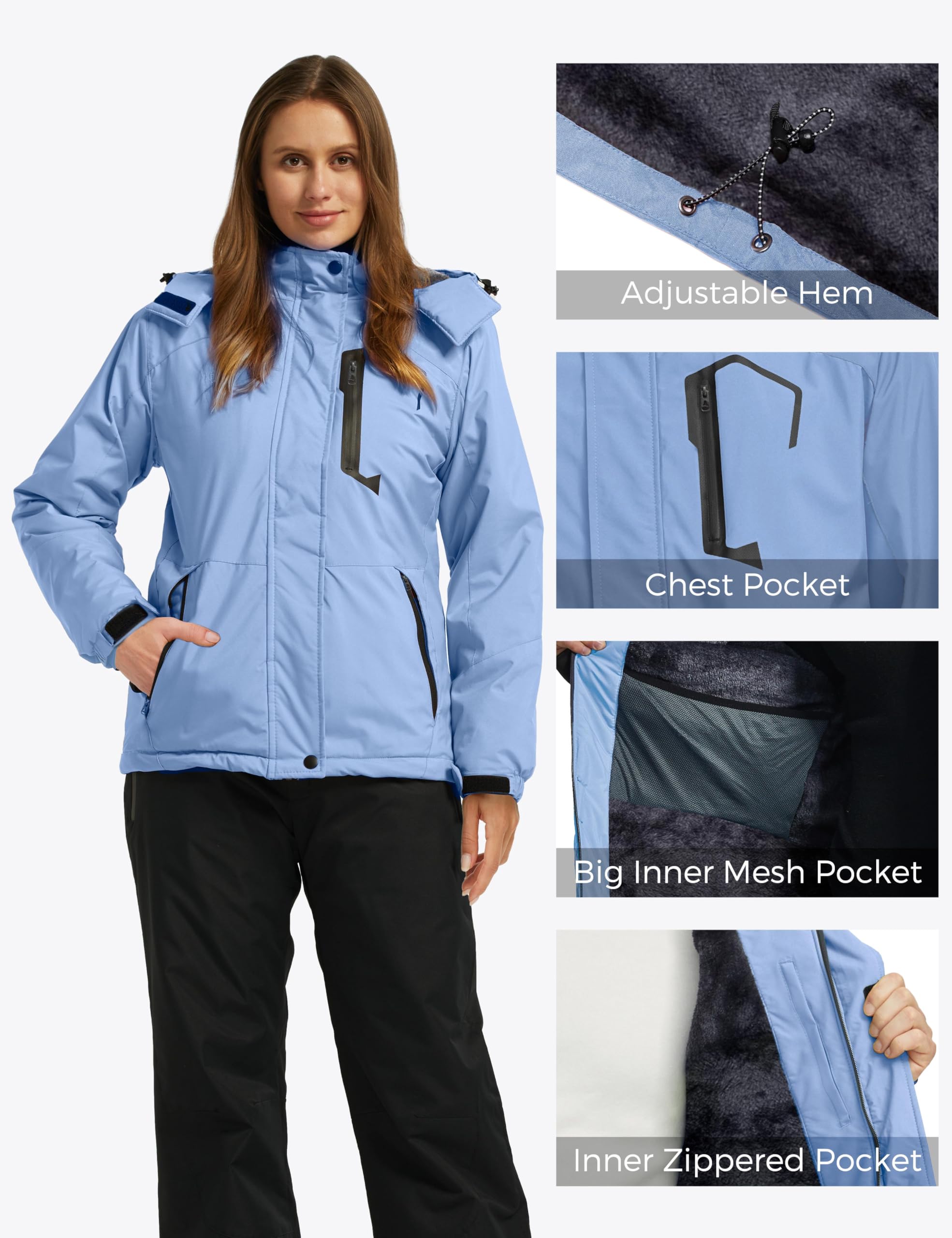 Wantdo Damen Skijacke Fleece Kapuze Winter Windbreaker Jacke Black XL | Wasserdicht,Winddicht,Warm Gefüttert, Brusttasche,Verstellbare Bündchen, Damen Wintermantel,Outdoor,Snowboard,Wandern,Berg