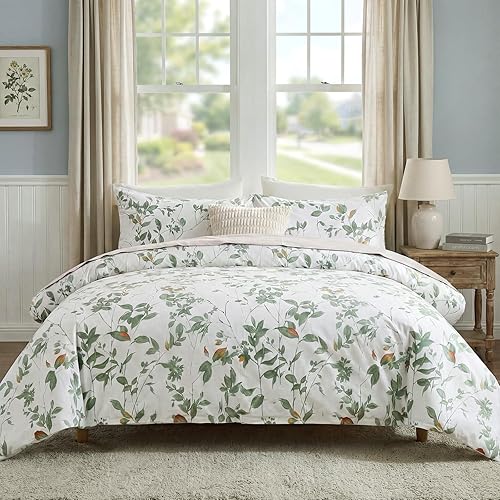 Miniatura 8 de Juego de edredón verde tamaño queen, 100% algodón reversible con patrón floral, juego de edredón de 3 piezas, edredón suave y ligero de algodón,