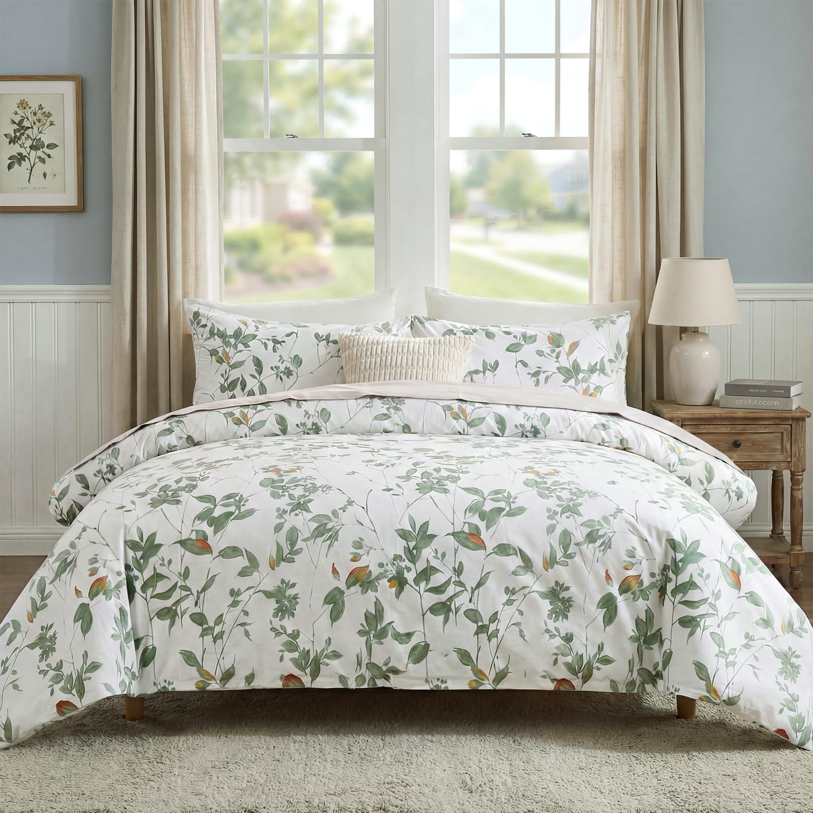 Photo 1 of Cozaline Floral Comforter Set King Size 100% Cotton Comforter Green Floral Bedding Comforter Set 3 Pcs Ultra Soft and Easy Care Reversible Lightweight Bedding Sets