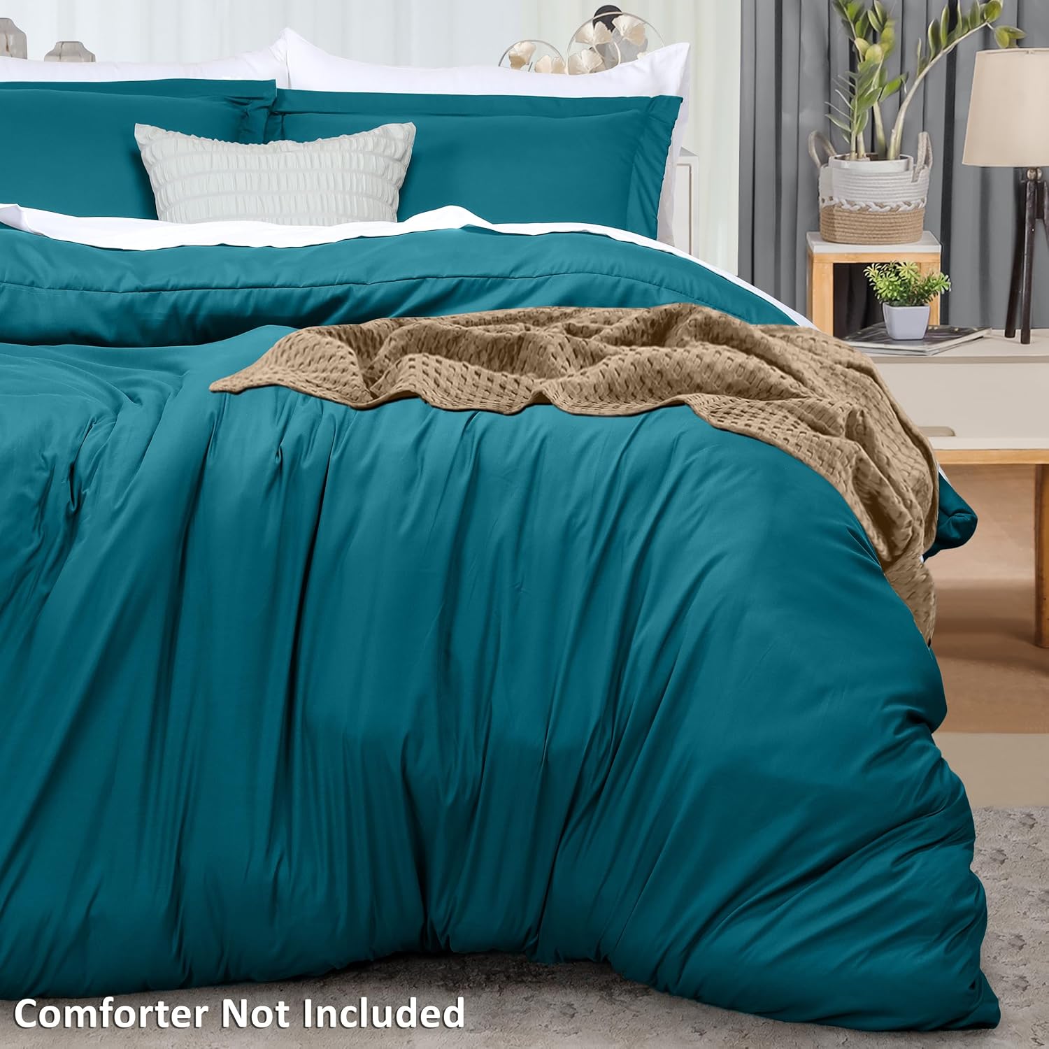 Duvet Cover Queen, 3 PC Cotton Like Polyester, Zipper Closure, Denim Blue thumbnail