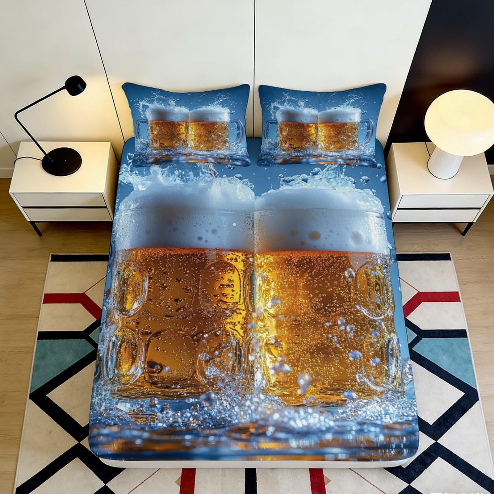 3D Printed Beer Theme Fitted Sheet Microfiber Non-Slip Deep Pocket Beer Mattress Fitted Cover for Bedroom Adults 90x200x25cm